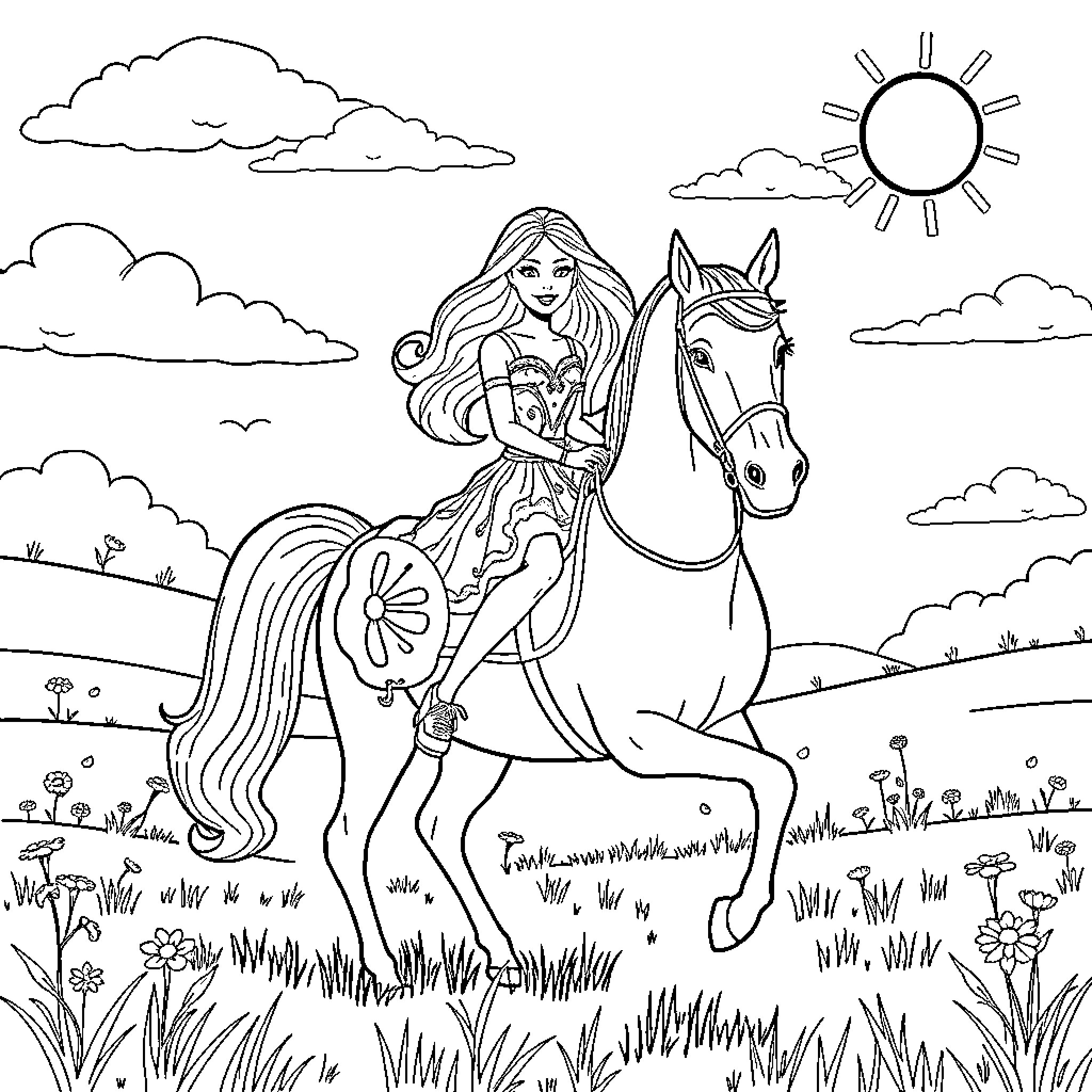 Barbie riding a horse in a scenic landscape Coloring Page (free black-and-white line drawing printable PDF for all, from beginners to advanced learners, including children, teens, adults, and seniors)