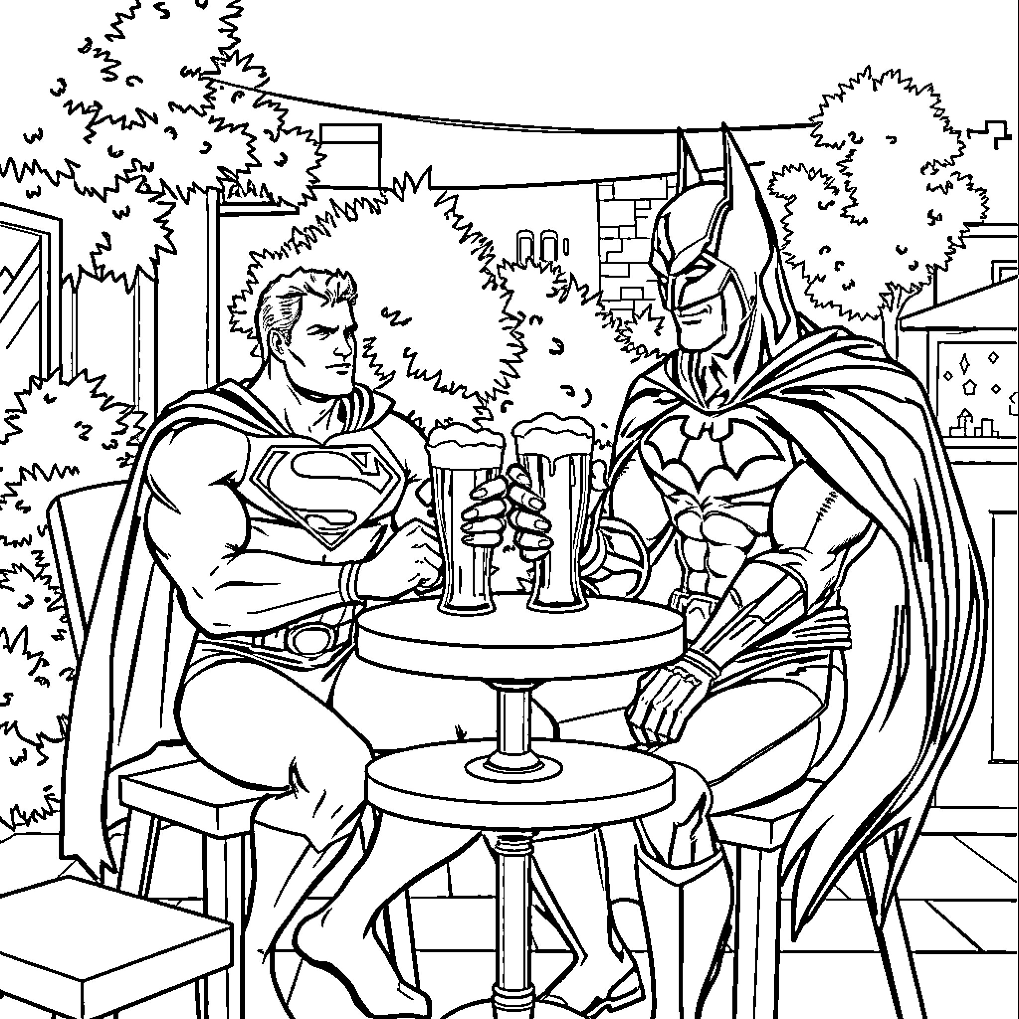 Superman and Batman sharing drinks in the city Coloring Page (free black-and-white line drawing printable PDF for all, from beginners to advanced learners, including children, teens, adults, and seniors)