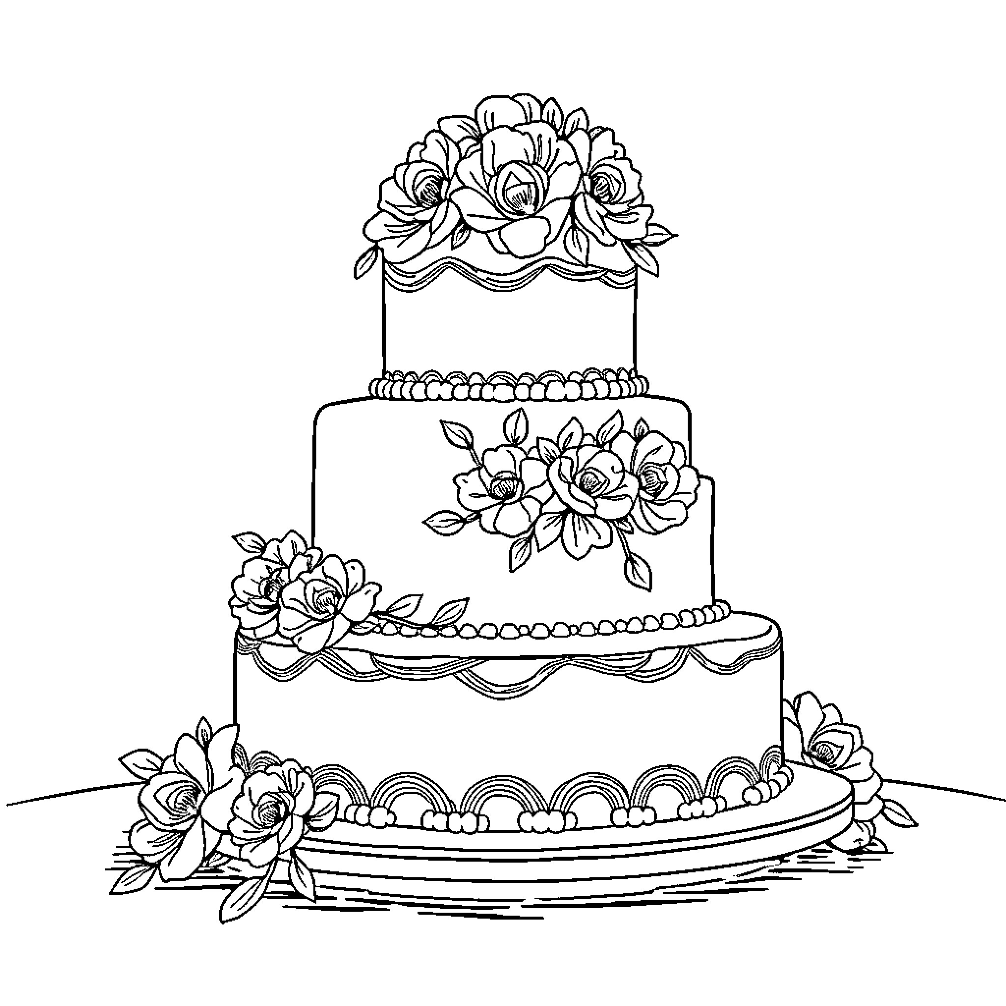 Wedding Cake with Elegant Floral Decorations Coloring Page (free black-and-white line drawing printable PDF for all, from beginners to advanced learners, including children, teens, adults, and seniors)