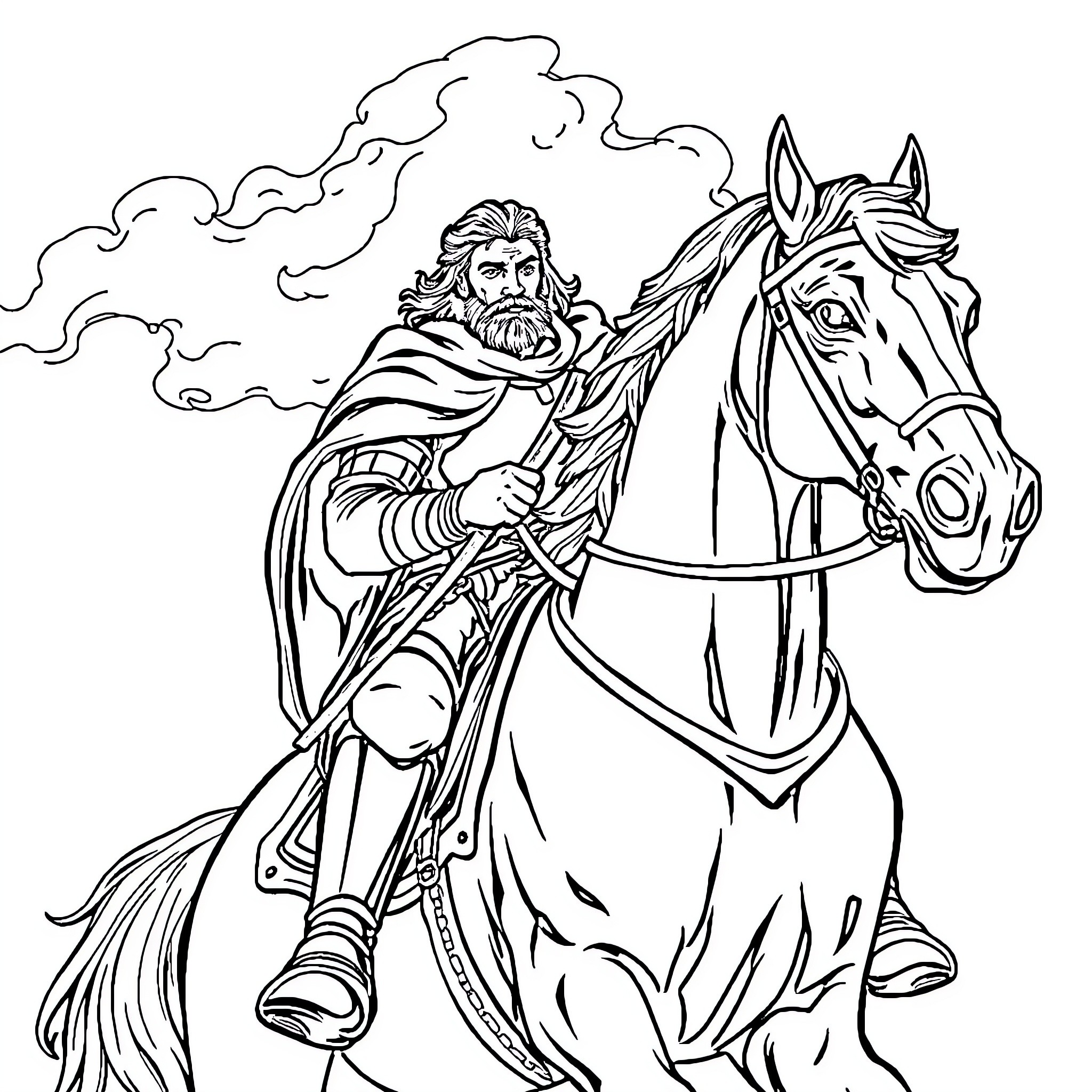 William of Orange riding a majestic horse in battle Coloring Page (free black-and-white line drawing printable PDF for all, from beginners to advanced learners, including children, teens, adults, and seniors)