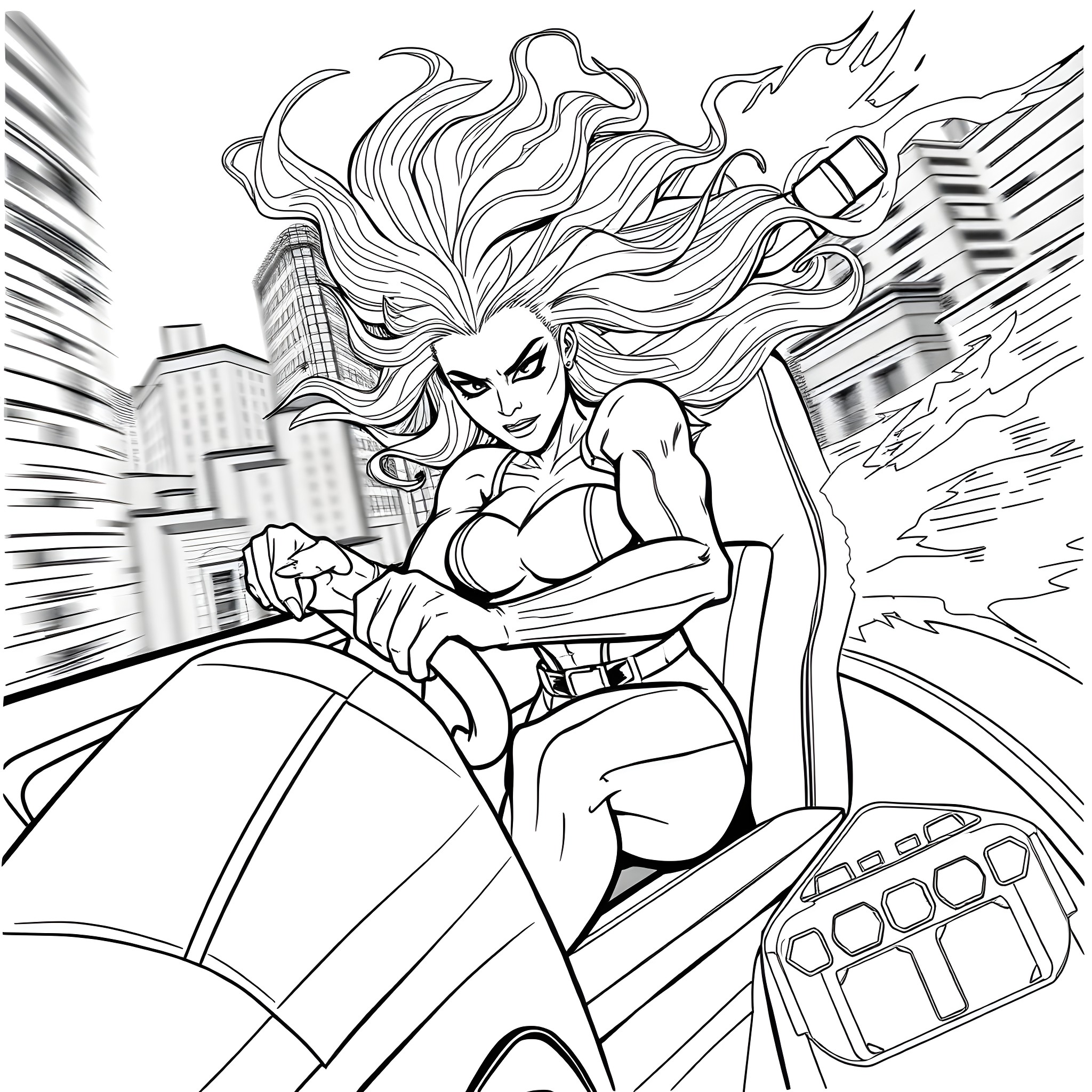 Storm of Action: A Heroic Figure Riding Amidst the Chaos Coloring Page (free black-and-white line drawing printable PDF for all, from beginners to advanced learners, including children, teens, adults, and seniors)