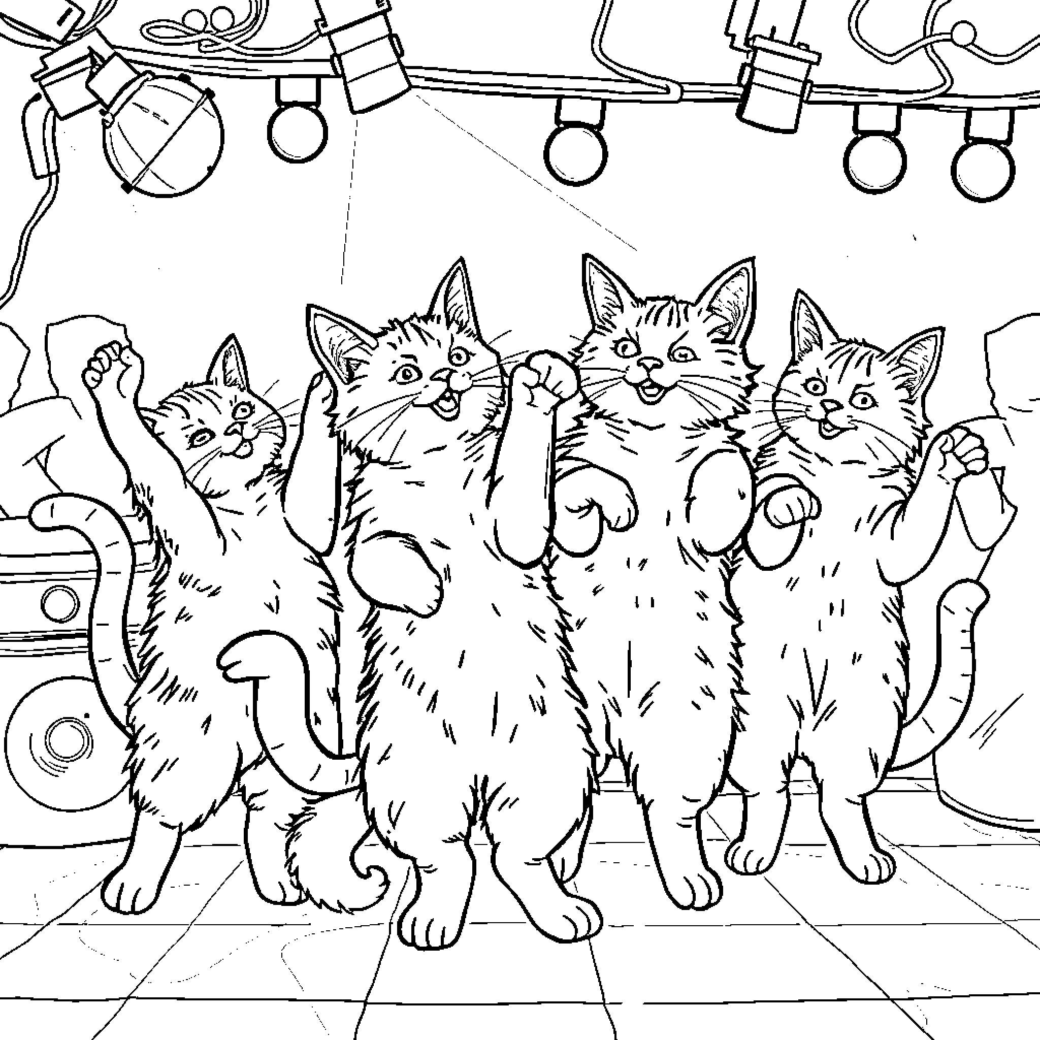 Cats Singing Under Festive Lights Coloring Page (free black-and-white line drawing printable PDF for all, from beginners to advanced learners, including children, teens, adults, and seniors)