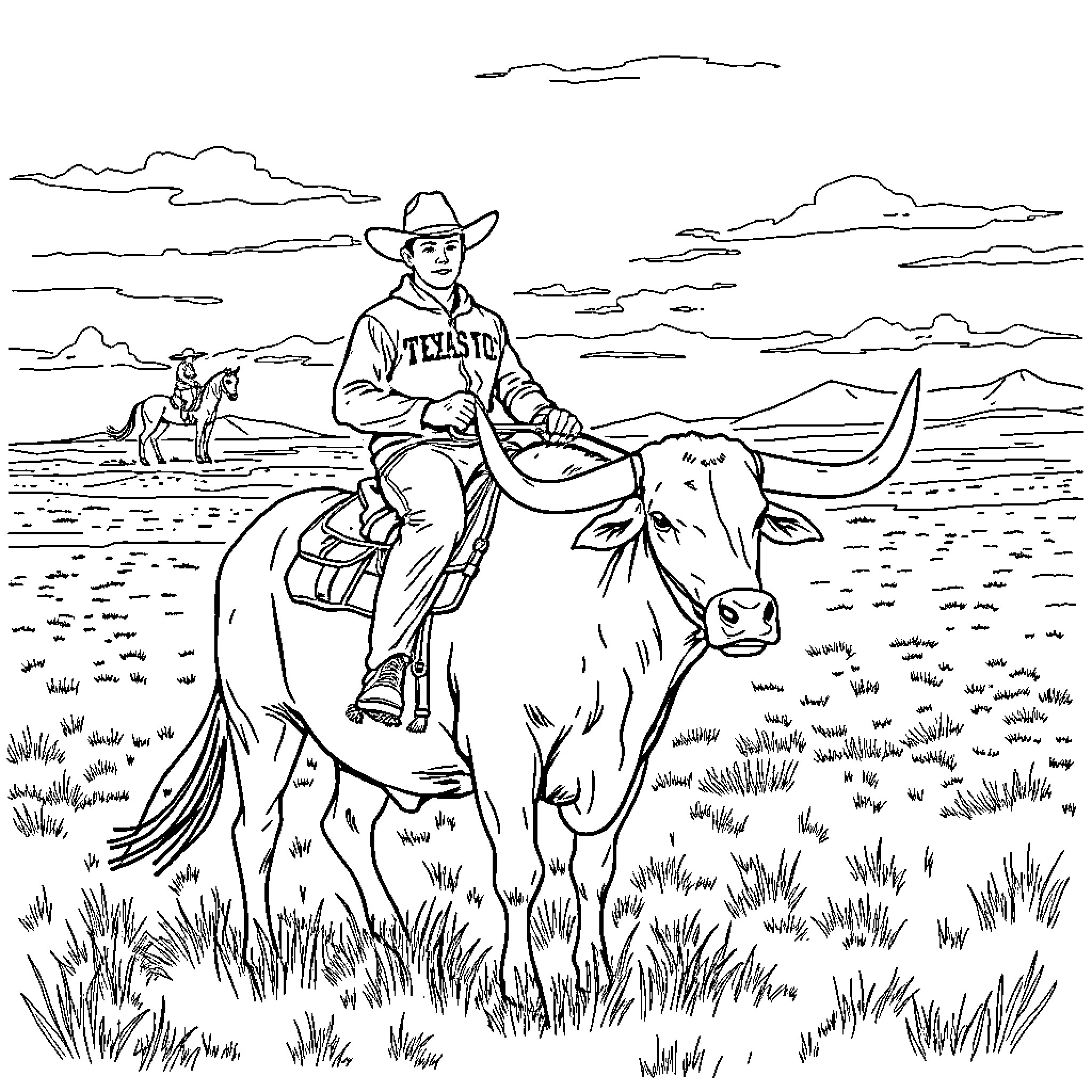 Red Raider rides proud on the open plains Coloring Page (free black-and-white line drawing printable PDF for all, from beginners to advanced learners, including children, teens, adults, and seniors)
