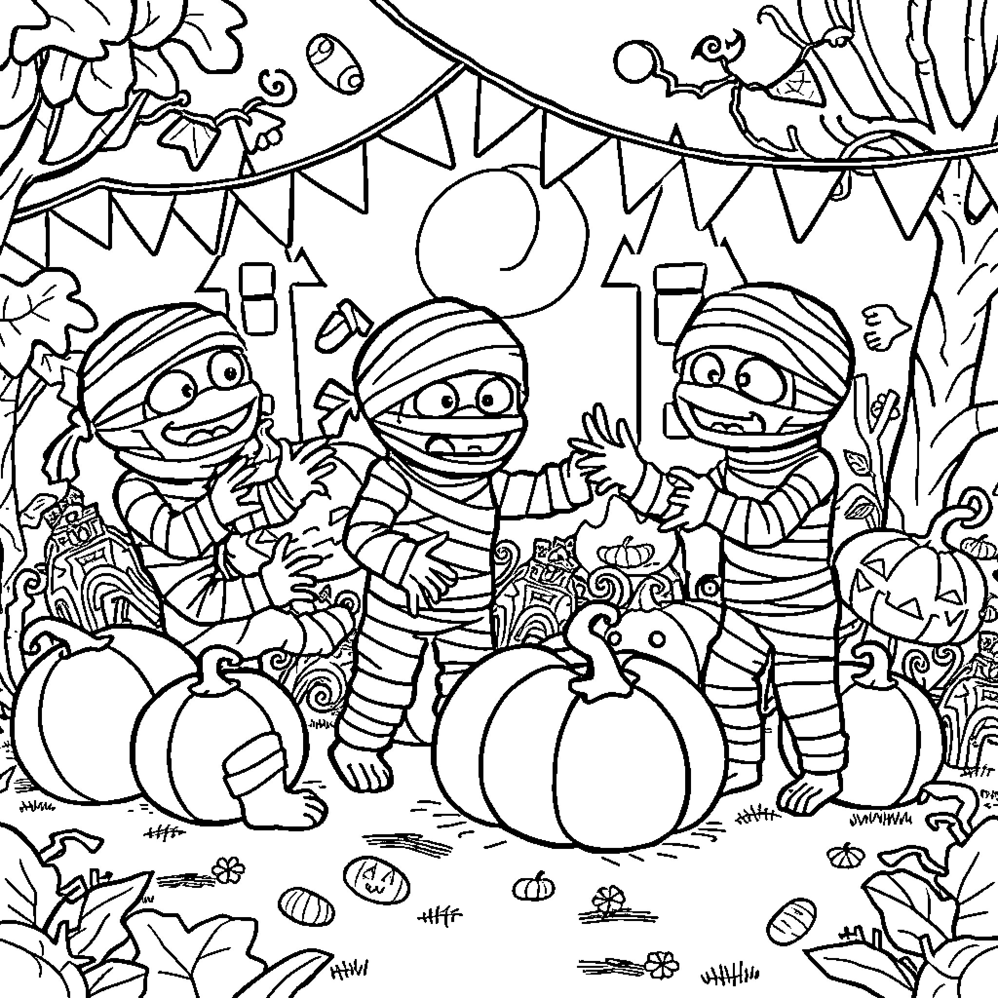 Mummy characters celebrate Halloween with pumpkins and decorations Coloring Page (free black-and-white line drawing printable PDF for all, from beginners to advanced learners, including children, teens, adults, and seniors)