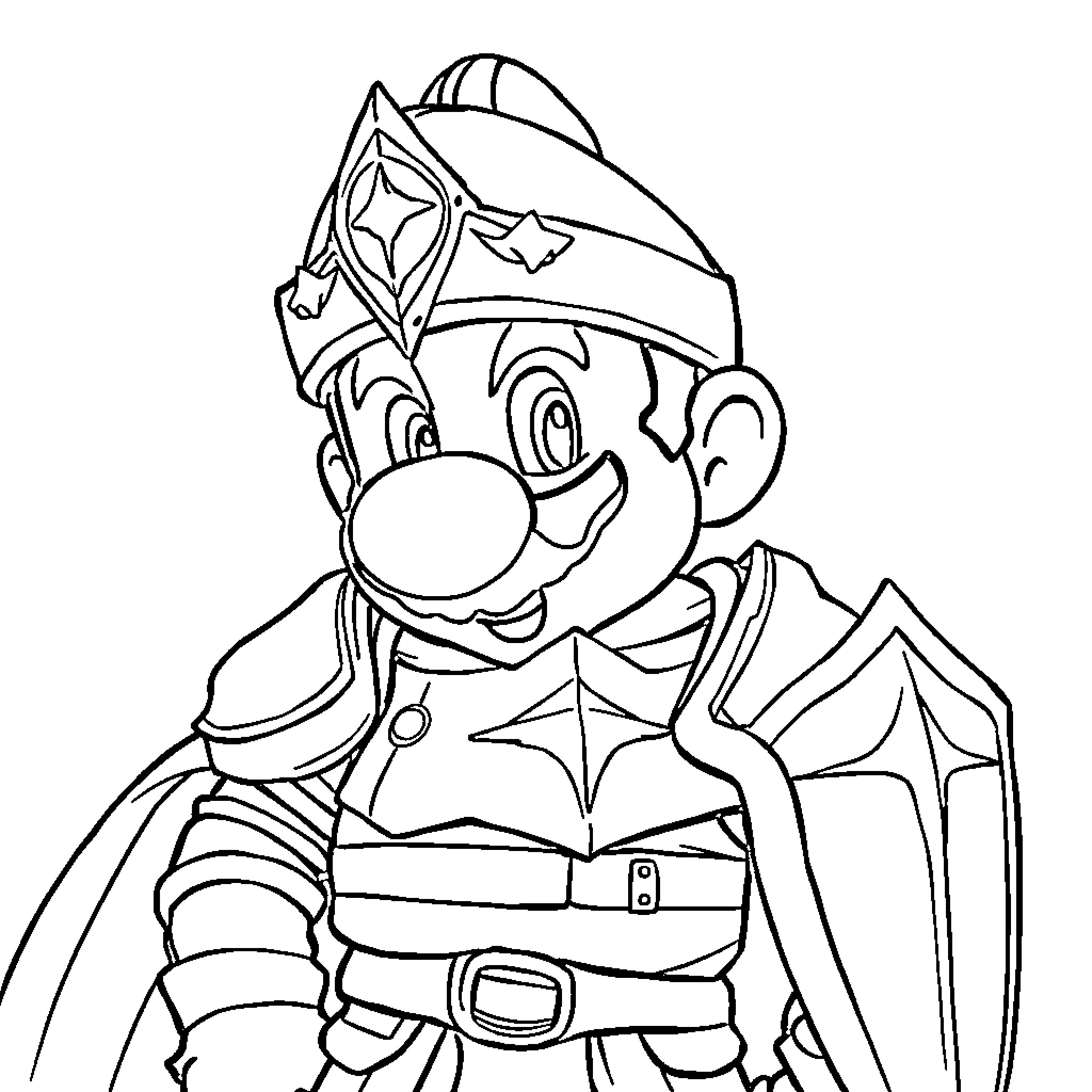 Mario in Adventurous Pose with Armor and Cape Coloring Page (free black-and-white line drawing printable PDF for all, from beginners to advanced learners, including children, teens, adults, and seniors)