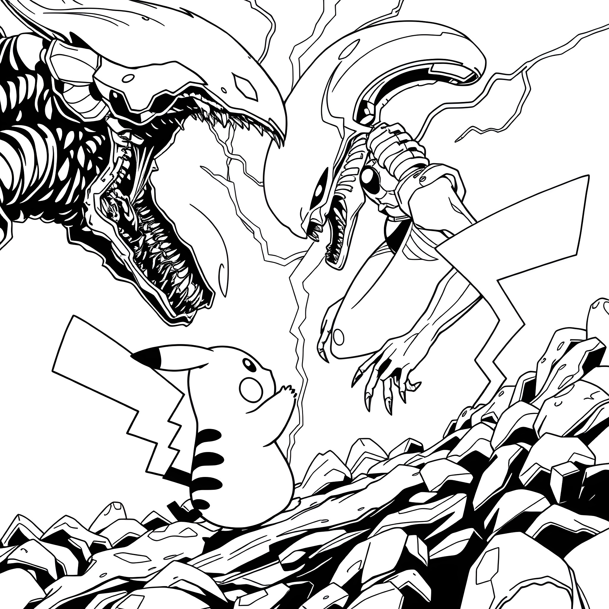Pikachu facing off against fearsome monster Coloring Page (free black-and-white line drawing printable PDF for all, from beginners to advanced learners, including children, teens, adults, and seniors)