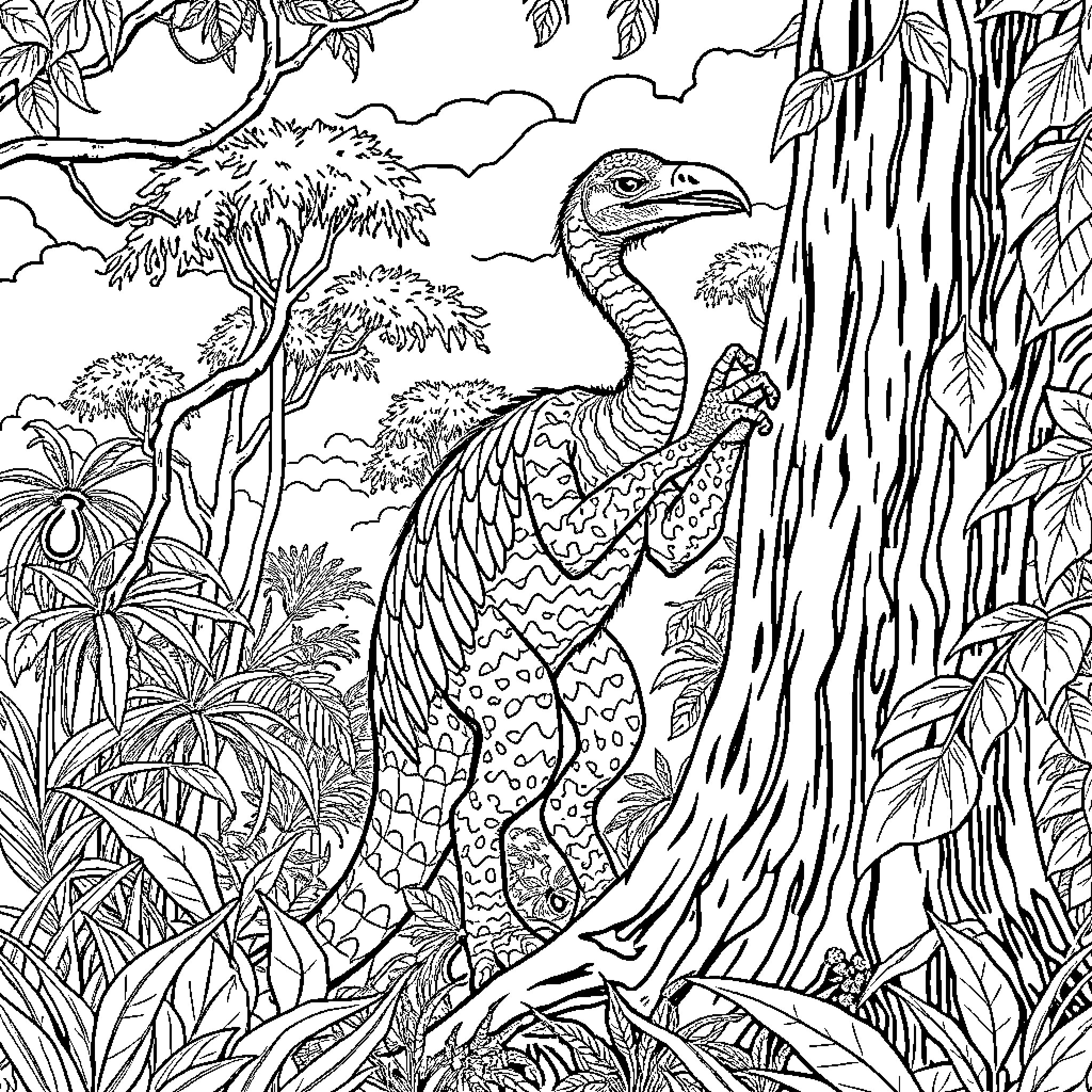 Spider-like creature in tropical forest scene Coloring Page (free black-and-white line drawing printable PDF for all, from beginners to advanced learners, including children, teens, adults, and seniors)
