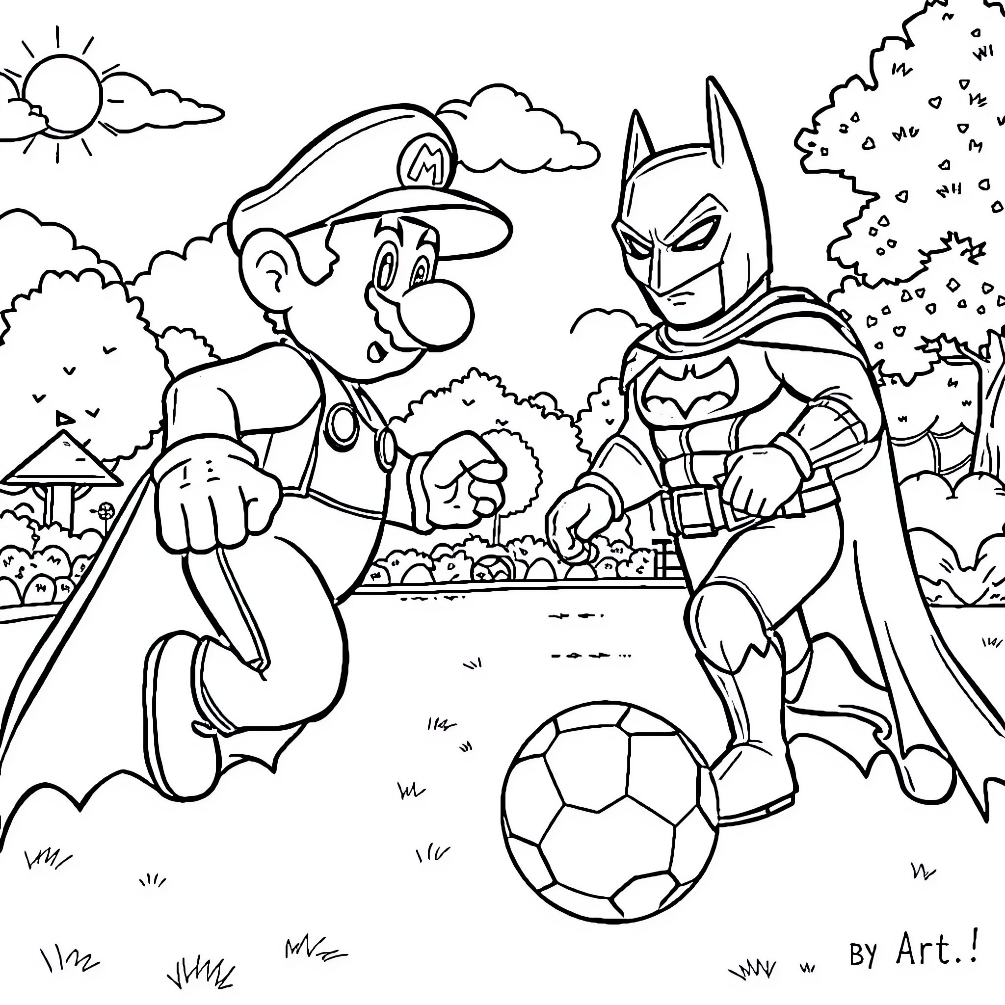 Mario and Batman Playing Soccer in the Park Coloring Page (free black-and-white line drawing printable PDF for all, from beginners to advanced learners, including children, teens, adults, and seniors)
