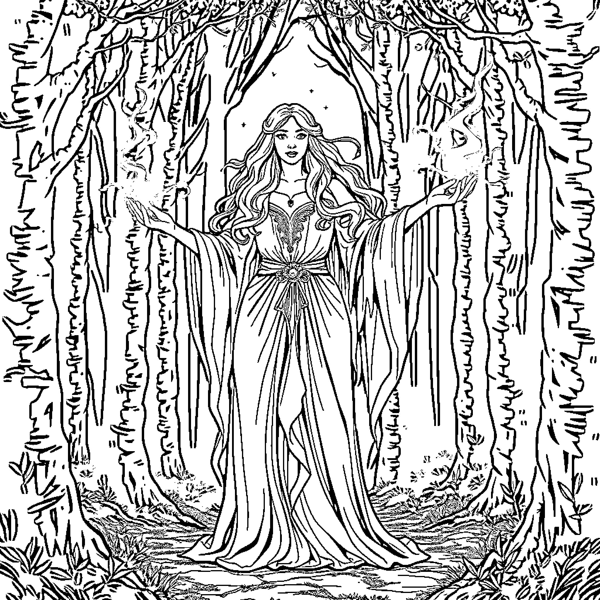 Morgan Lefay summoning mystical forces in enchanted forest Coloring Page (free black-and-white line drawing printable PDF for all, from beginners to advanced learners, including children, teens, adults, and seniors)
