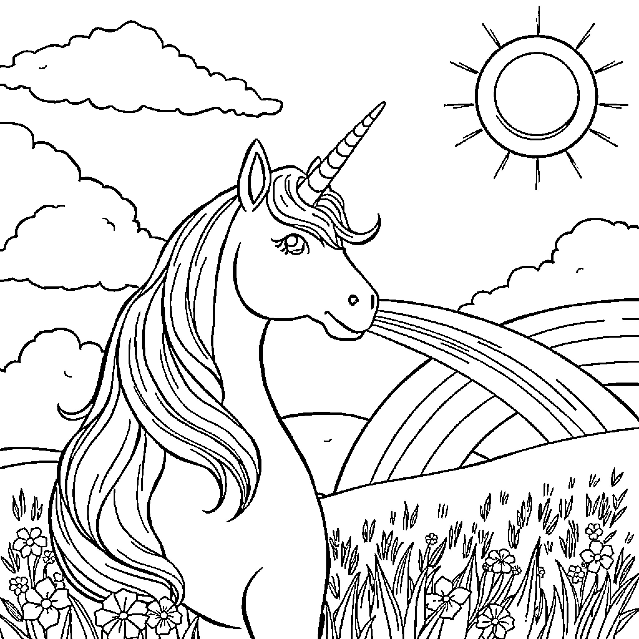 Unicorn walking through a magical meadow Coloring Page (free black-and-white line drawing printable PDF for all, from beginners to advanced learners, including children, teens, adults, and seniors)