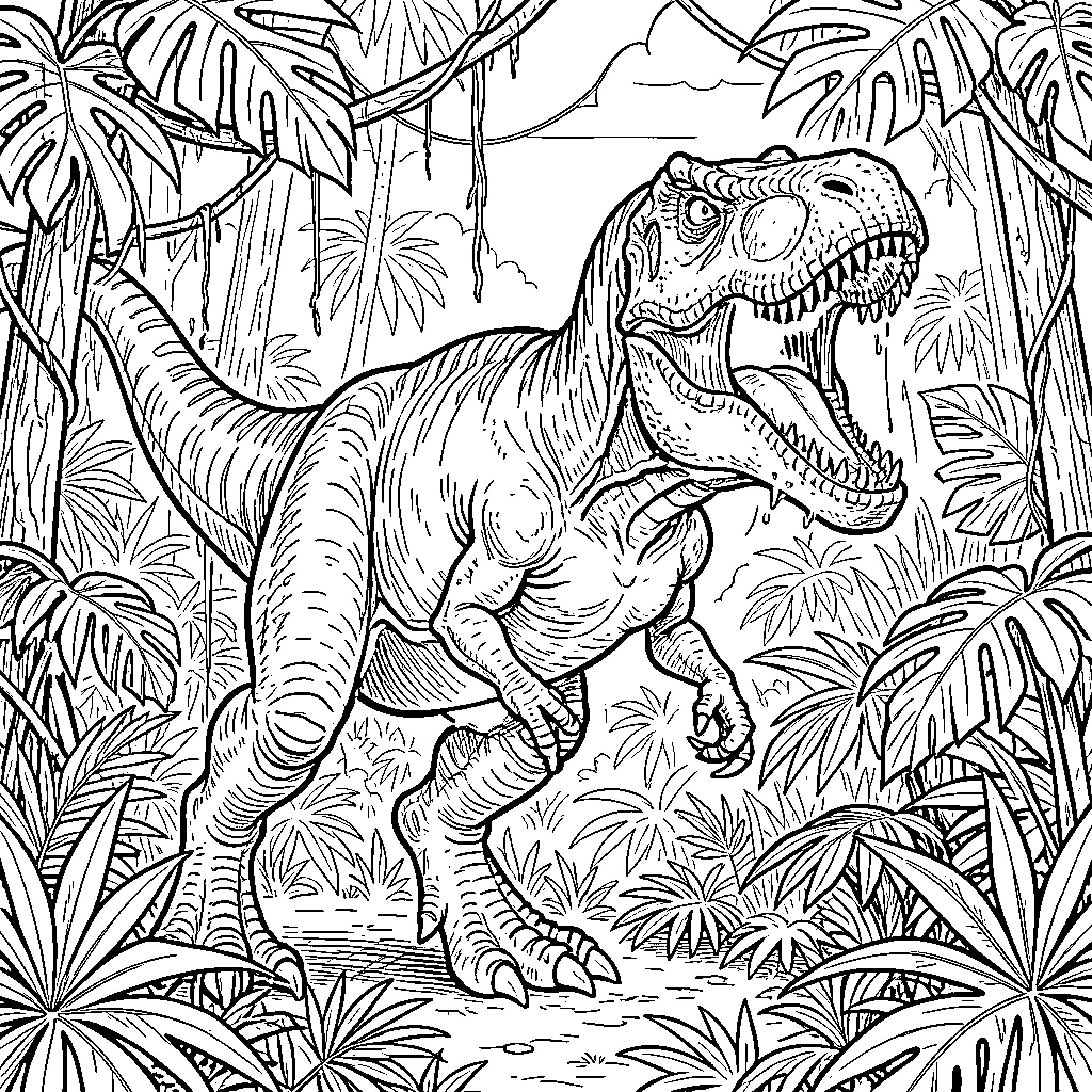 Tyrannosaurus Rex roaming through the jungle Coloring Page (free black-and-white line drawing printable PDF for all, from beginners to advanced learners, including children, teens, adults, and seniors)