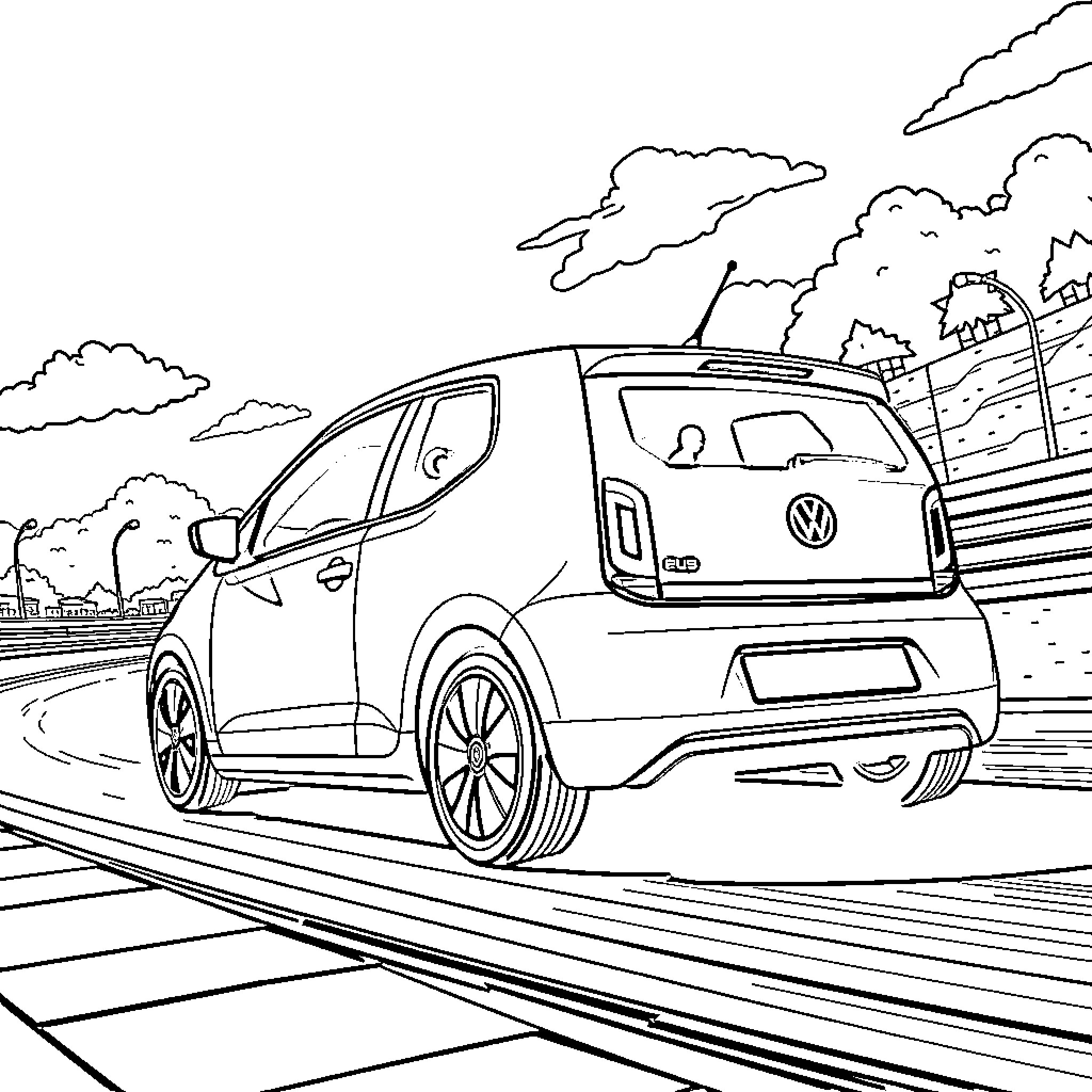 Volkswagen car speeding on the road Coloring Page (free black-and-white line drawing printable PDF for all, from beginners to advanced learners, including children, teens, adults, and seniors)