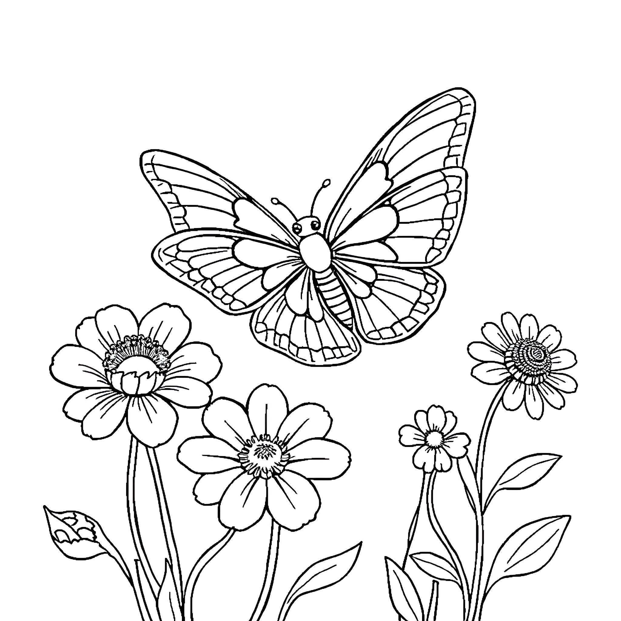 Moth's journey through floral landscape Coloring Page (free black-and-white line drawing printable PDF for all, from beginners to advanced learners, including children, teens, adults, and seniors)