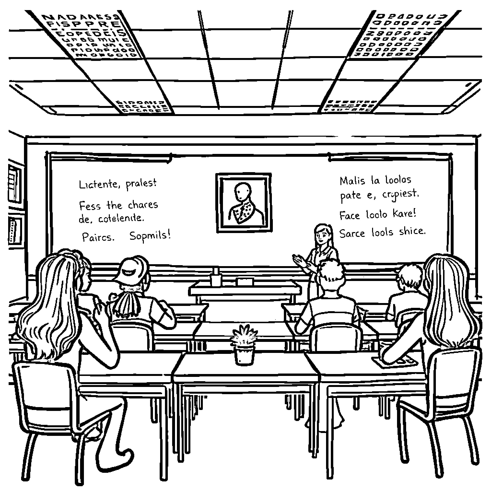 Spanish students engaging in lively classroom discussion Coloring Page (free black-and-white line drawing printable PDF for all, from beginners to advanced learners, including children, teens, adults, and seniors)