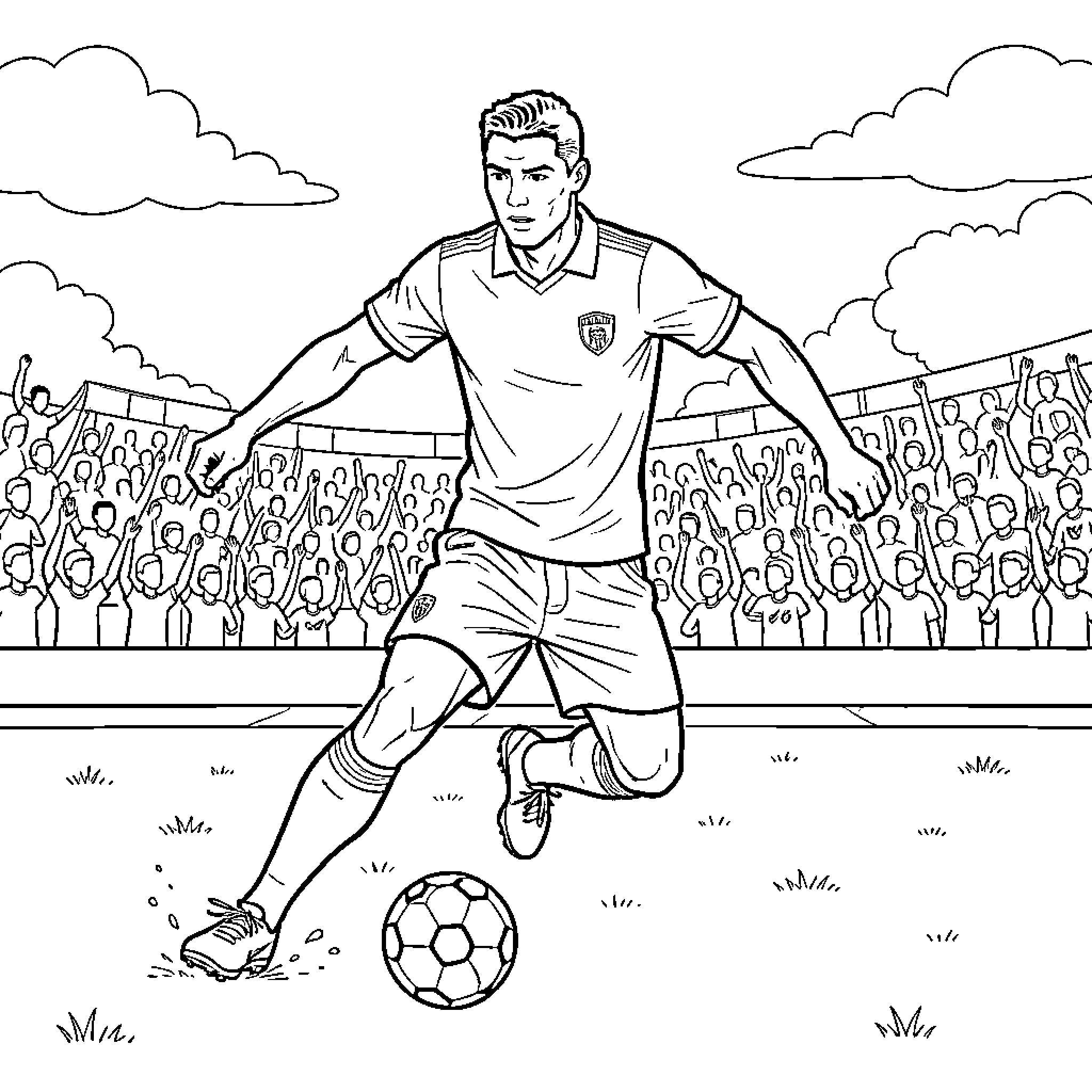 Ronaldo dribbling a soccer ball in a crowded stadium Coloring Page (free black-and-white line drawing printable PDF for all, from beginners to advanced learners, including children, teens, adults, and seniors)