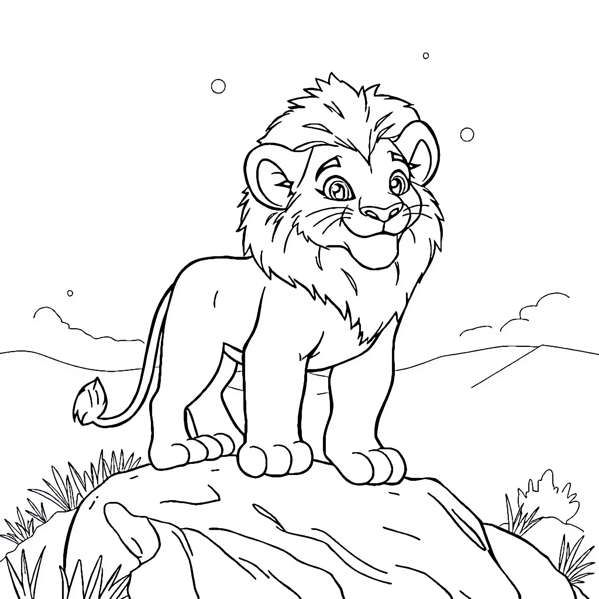 Simba's Proud Stance in the Serene Landscape Coloring Page (free black-and-white line drawing printable PDF for all, from beginners to advanced learners, including children, teens, adults, and seniors)