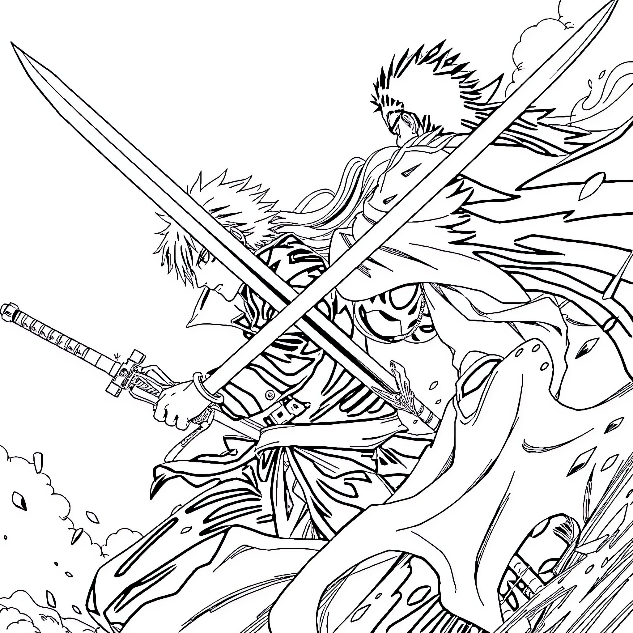Ichigo's Fierce Swordplay in Dynamic Combat Coloring Page (free black-and-white line drawing printable PDF for all, from beginners to advanced learners, including children, teens, adults, and seniors)