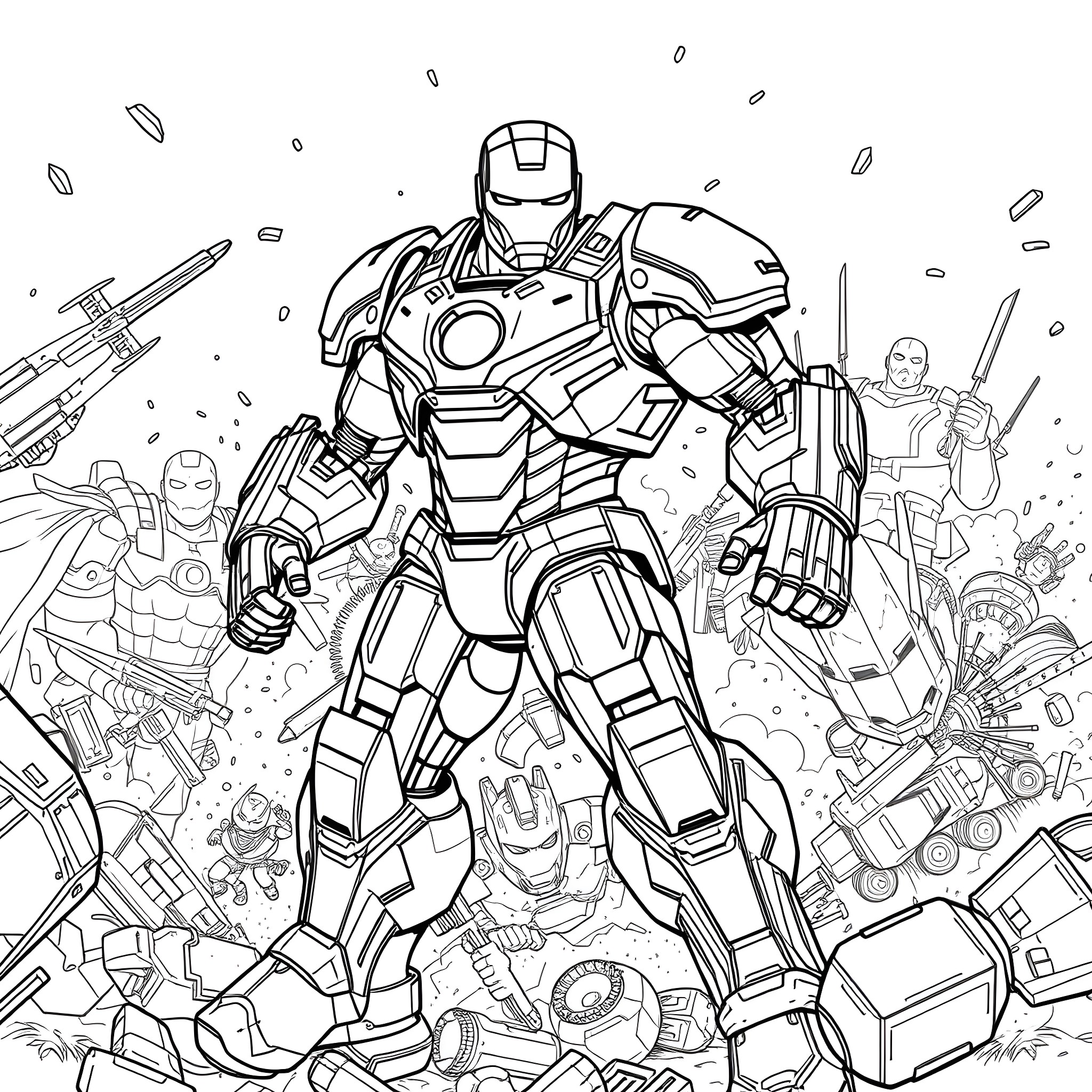 Ironman Unleashing Powerful Weapons in Intense Battle Coloring Page (free black-and-white line drawing printable PDF for all, from beginners to advanced learners, including children, teens, adults, and seniors)