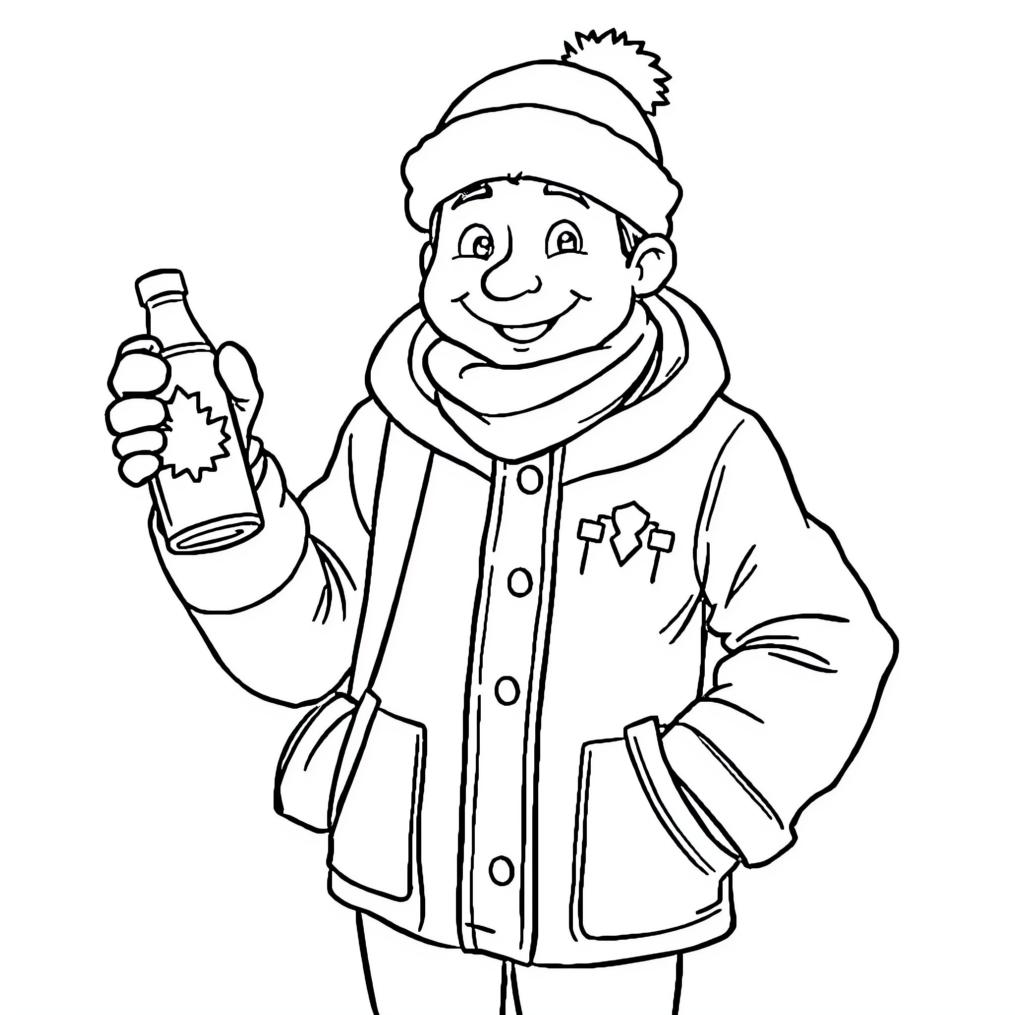 Canadian Boy Holding Bottle in Winter Outfit Coloring Page (free black-and-white line drawing printable PDF for all, from beginners to advanced learners, including children, teens, adults, and seniors)