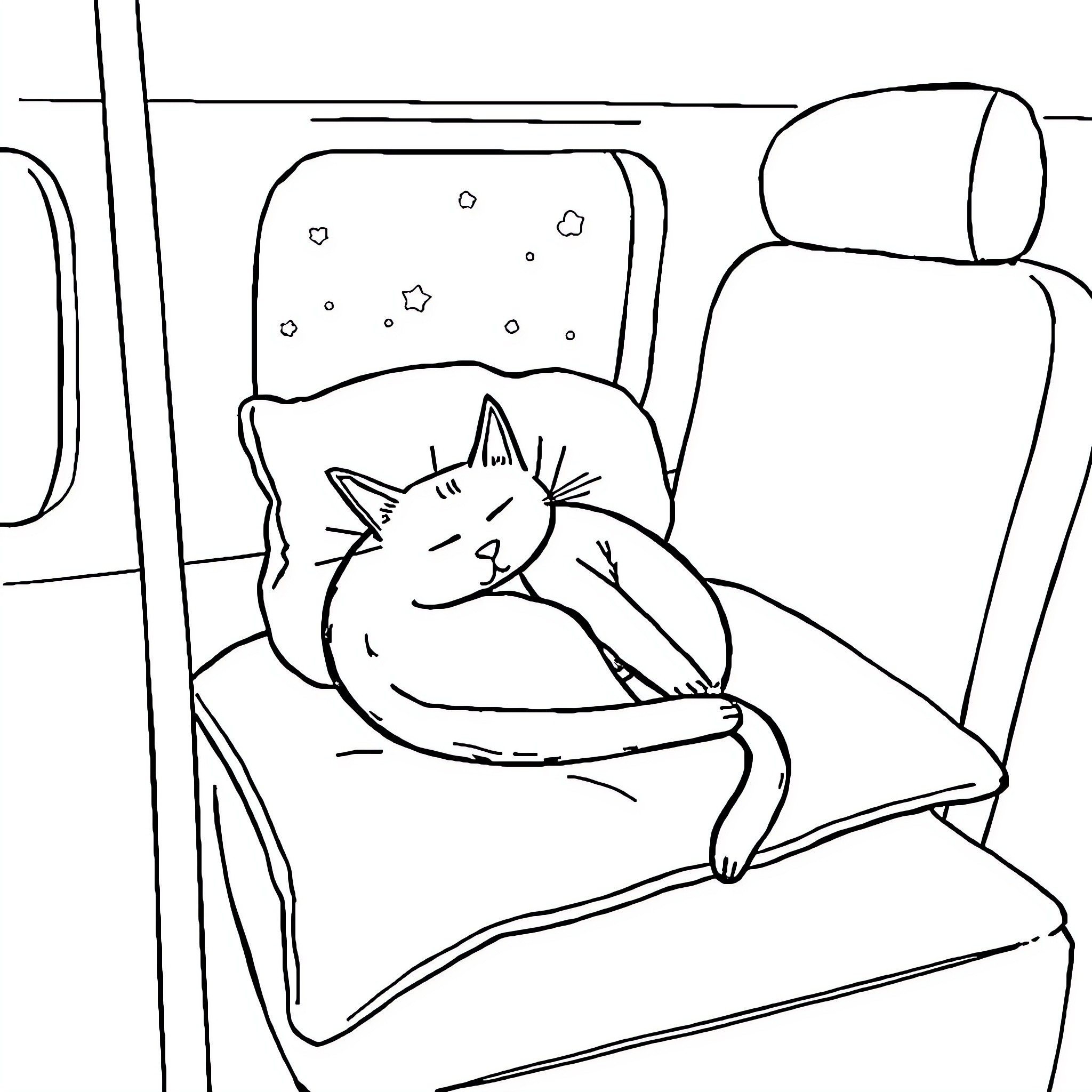 Chat with a Sleeping Cat in the Car Coloring Page (free black-and-white line drawing printable PDF for all, from beginners to advanced learners, including children, teens, adults, and seniors)