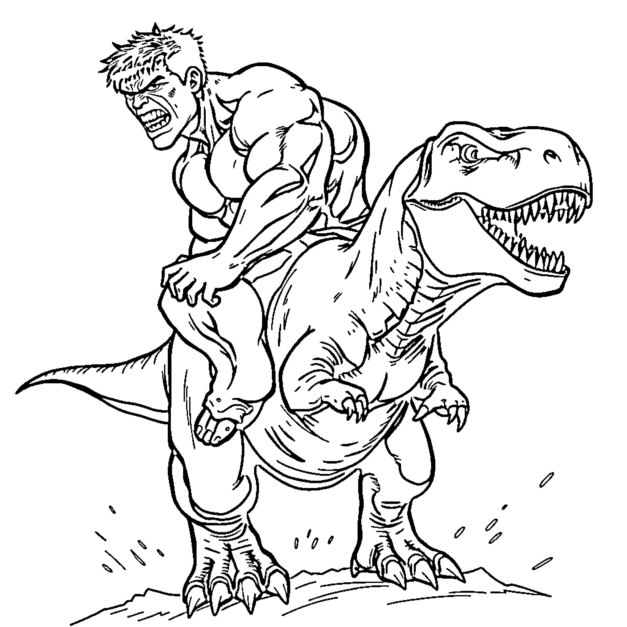 Hulk riding a roaring T-Rex dinosaur Coloring Page (free black-and-white line drawing printable PDF for all, from beginners to advanced learners, including children, teens, adults, and seniors)
