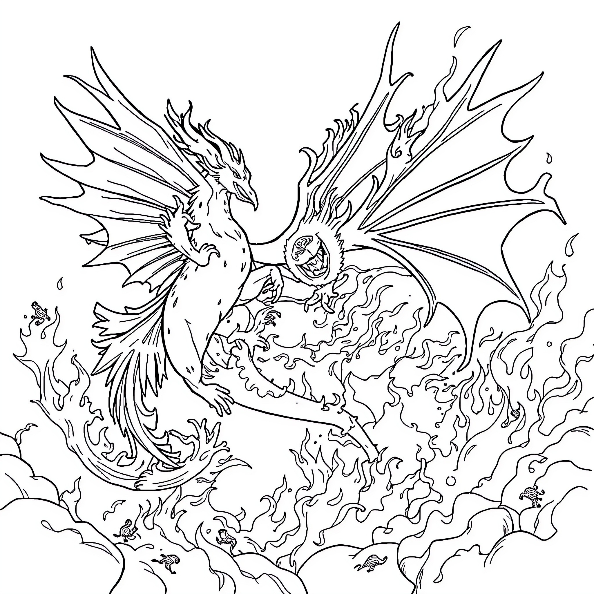 Phoenix rising from the flames with powerful wings Coloring Page (free black-and-white line drawing printable PDF for all, from beginners to advanced learners, including children, teens, adults, and seniors)