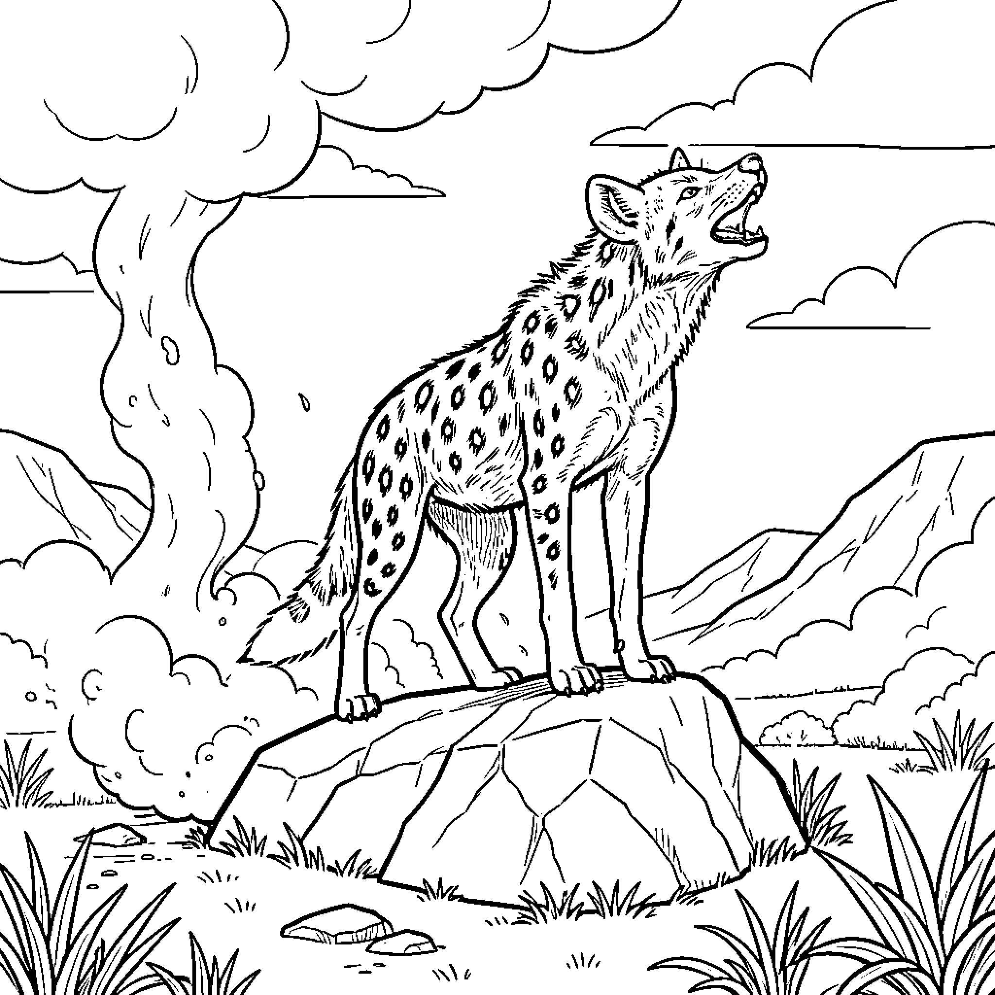 Hyena howling loudly while standing on a rock Coloring Page (free black-and-white line drawing printable PDF for all, from beginners to advanced learners, including children, teens, adults, and seniors)