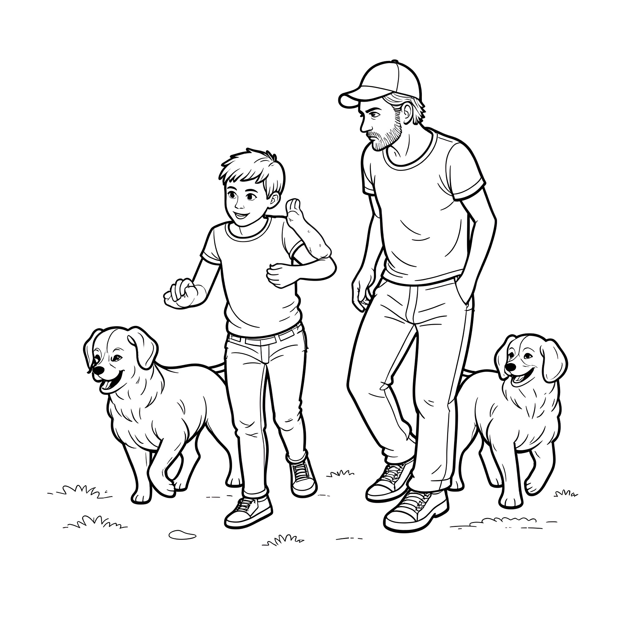 Man walking with his son and two dogs Coloring Page (free black-and-white line drawing printable PDF for all, from beginners to advanced learners, including children, teens, adults, and seniors)