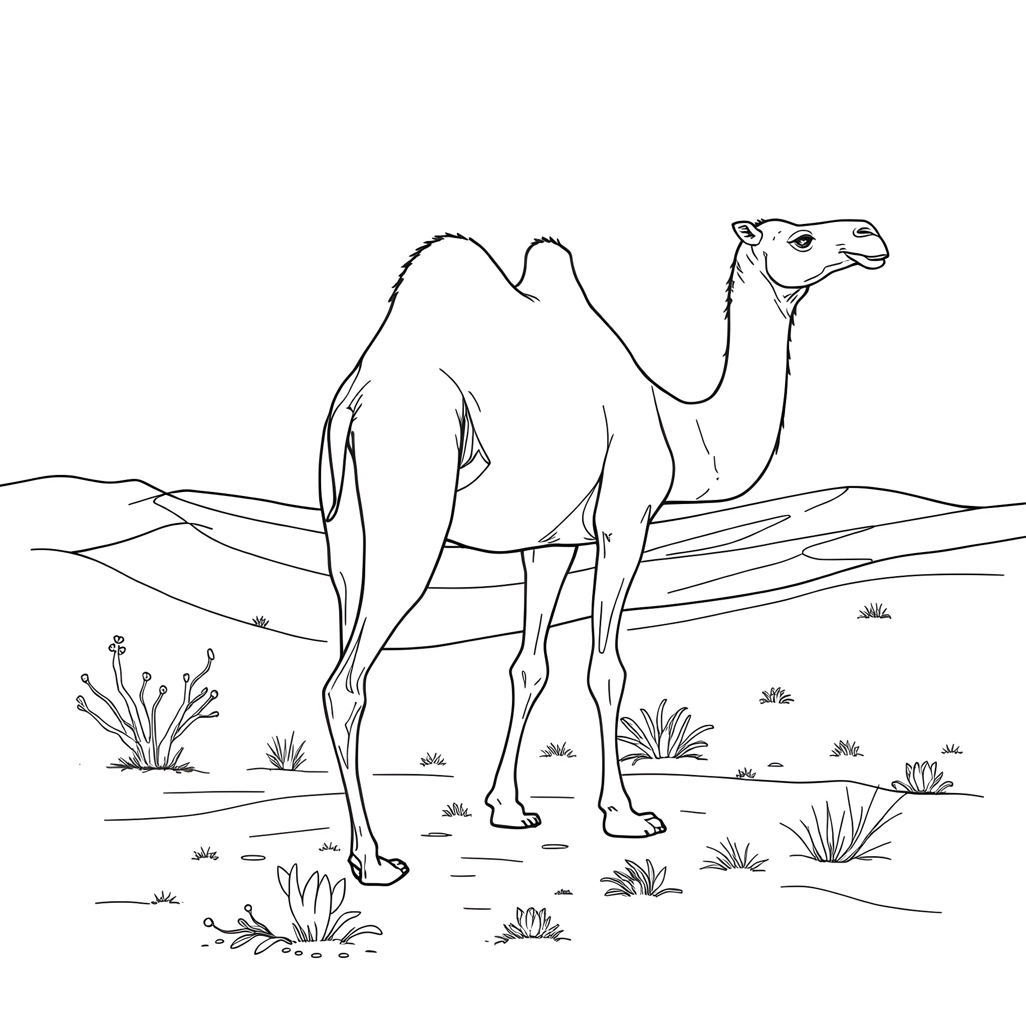 Camel standing proudly in the desert landscape Coloring Page (free black-and-white line drawing printable PDF for all, from beginners to advanced learners, including children, teens, adults, and seniors)