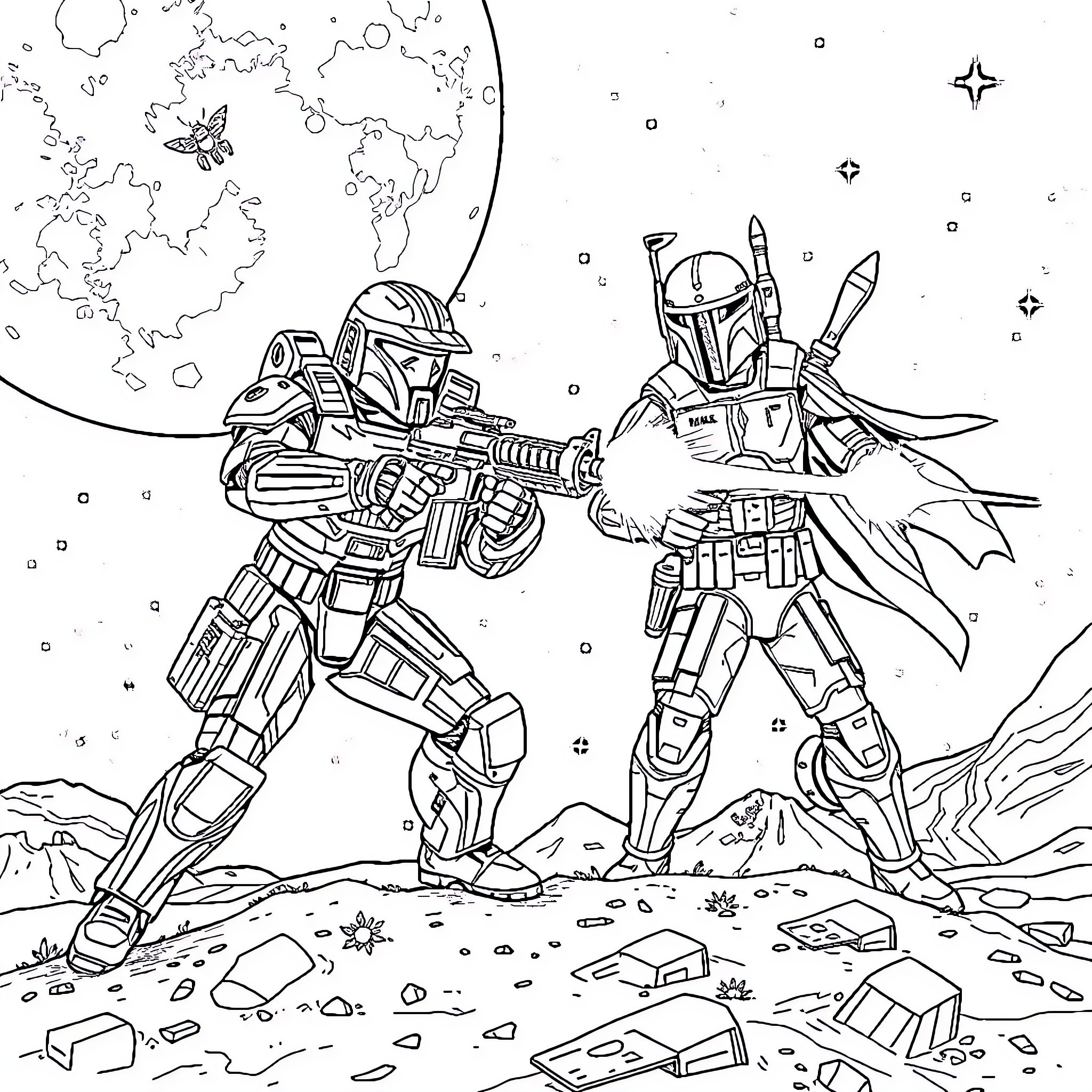 Master Chief in Galactic Warfare Coloring Page (free black-and-white line drawing printable PDF for all, from beginners to advanced learners, including children, teens, adults, and seniors)