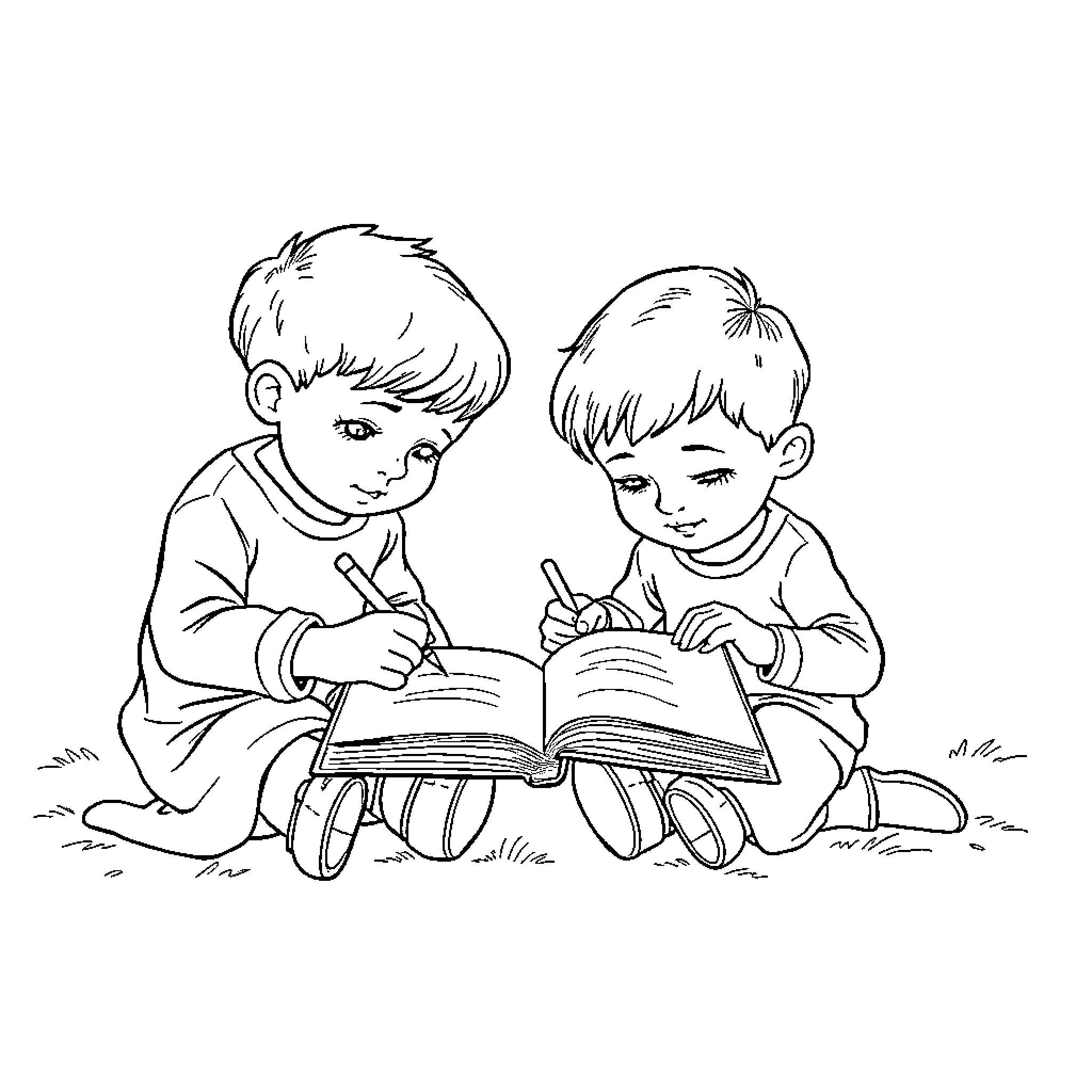 Children studying diligently with books Coloring Page (free black-and-white line drawing printable PDF for all, from beginners to advanced learners, including children, teens, adults, and seniors)