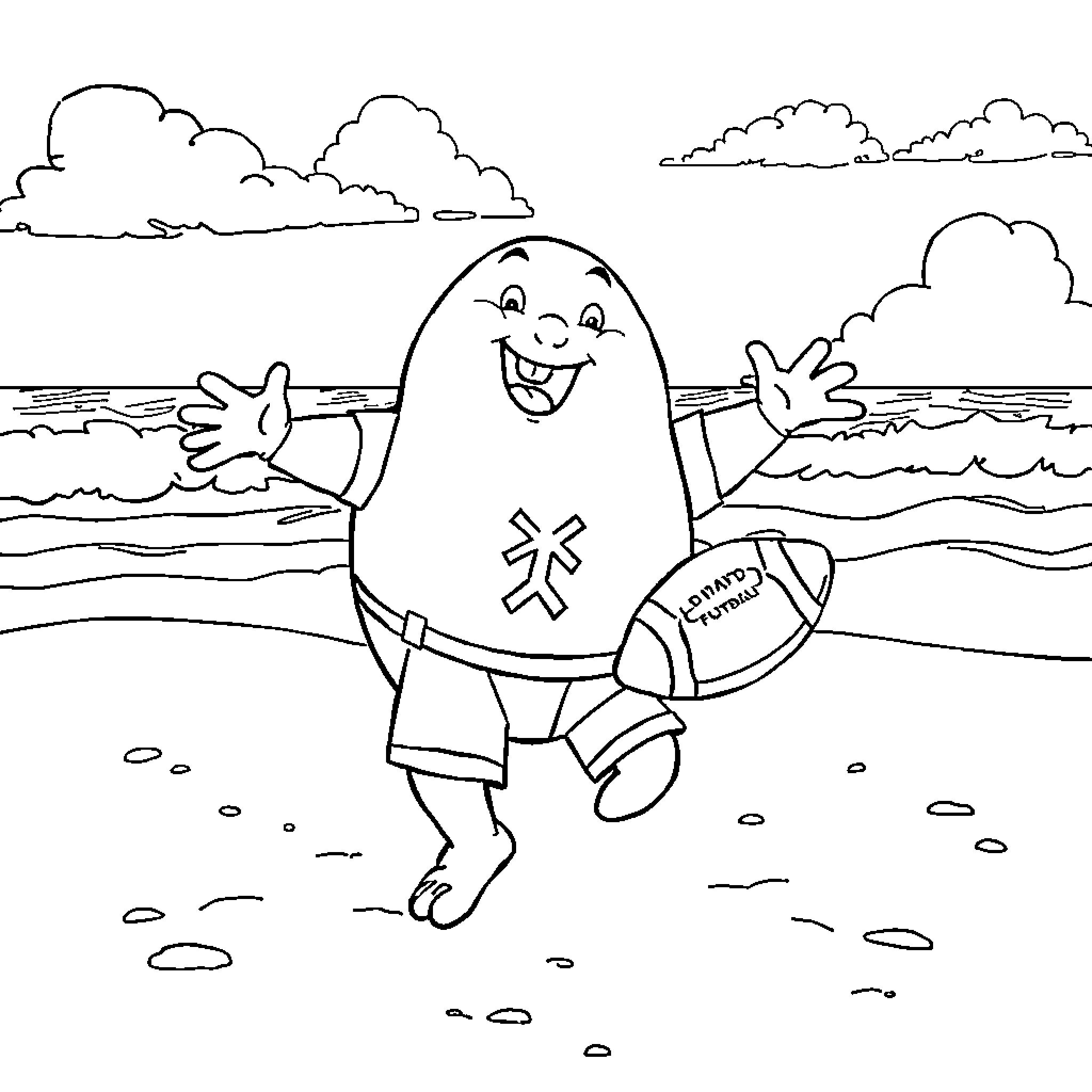 Humpty Dumpty Enjoying the Beach Coloring Page (free black-and-white line drawing printable PDF for all, from beginners to advanced learners, including children, teens, adults, and seniors)