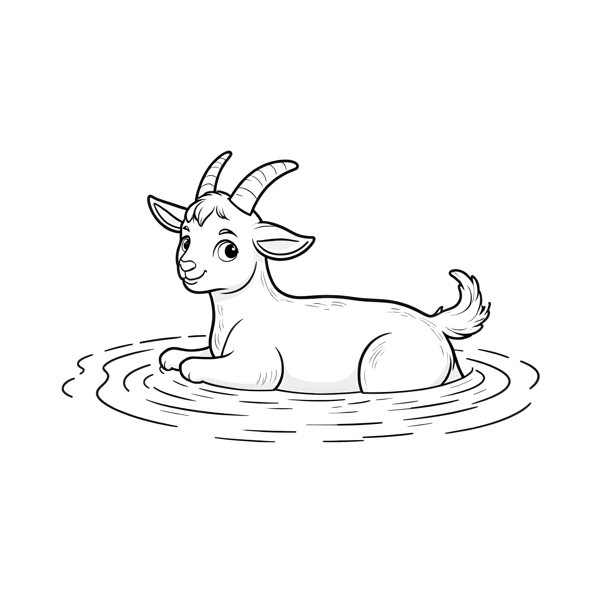 Goat lounging happily in a pond Coloring Page (free black-and-white line drawing printable PDF for all, from beginners to advanced learners, including children, teens, adults, and seniors)
