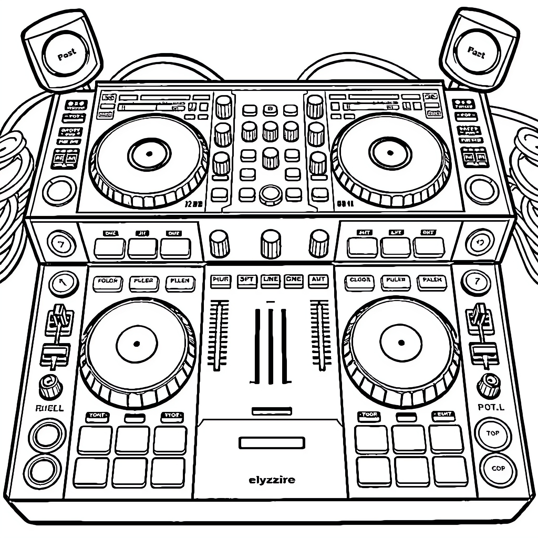 DJ Controller Featuring Complex Mixing Equipment Coloring Page (free black-and-white line drawing printable PDF for all, from beginners to advanced learners, including children, teens, adults, and seniors)