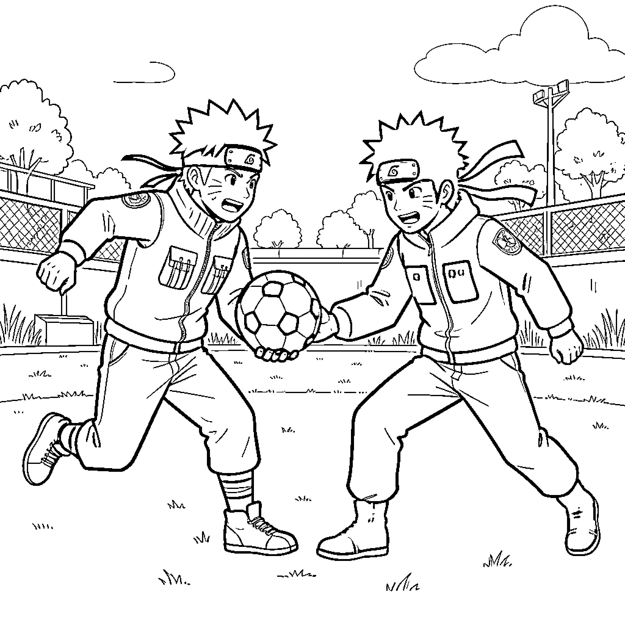 Naruto playing soccer with intense expressions on a field Coloring Page (free black-and-white line drawing printable PDF for all, from beginners to advanced learners, including children, teens, adults, and seniors)