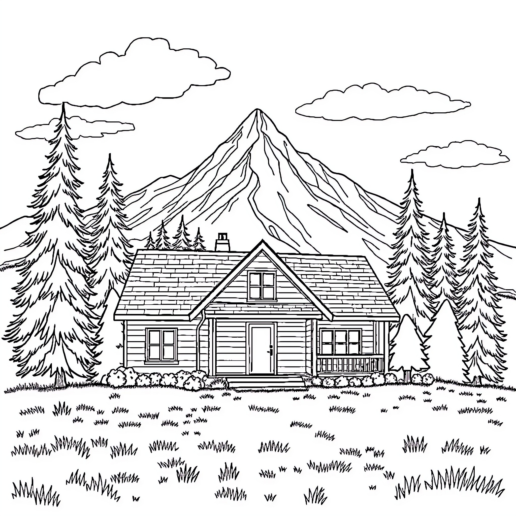 House with mountains and forest in the background Coloring Page (free black-and-white line drawing printable PDF for all, from beginners to advanced learners, including children, teens, adults, and seniors)