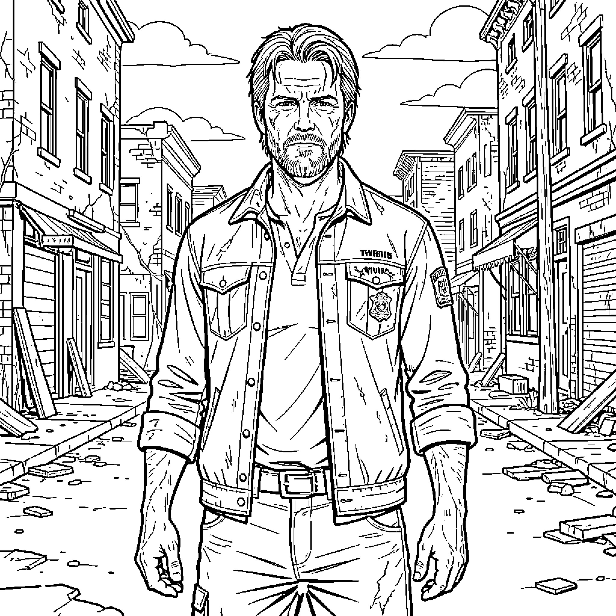 Rick Grimes standing intensely in a ruined city street Coloring Page (free black-and-white line drawing printable PDF for all, from beginners to advanced learners, including children, teens, adults, and seniors)