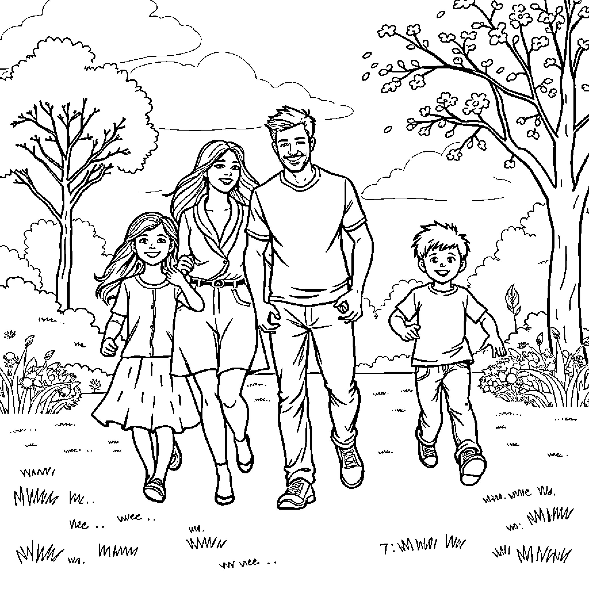 Family enjoying a peaceful outdoor stroll Coloring Page (free black-and-white line drawing printable PDF for all, from beginners to advanced learners, including children, teens, adults, and seniors)