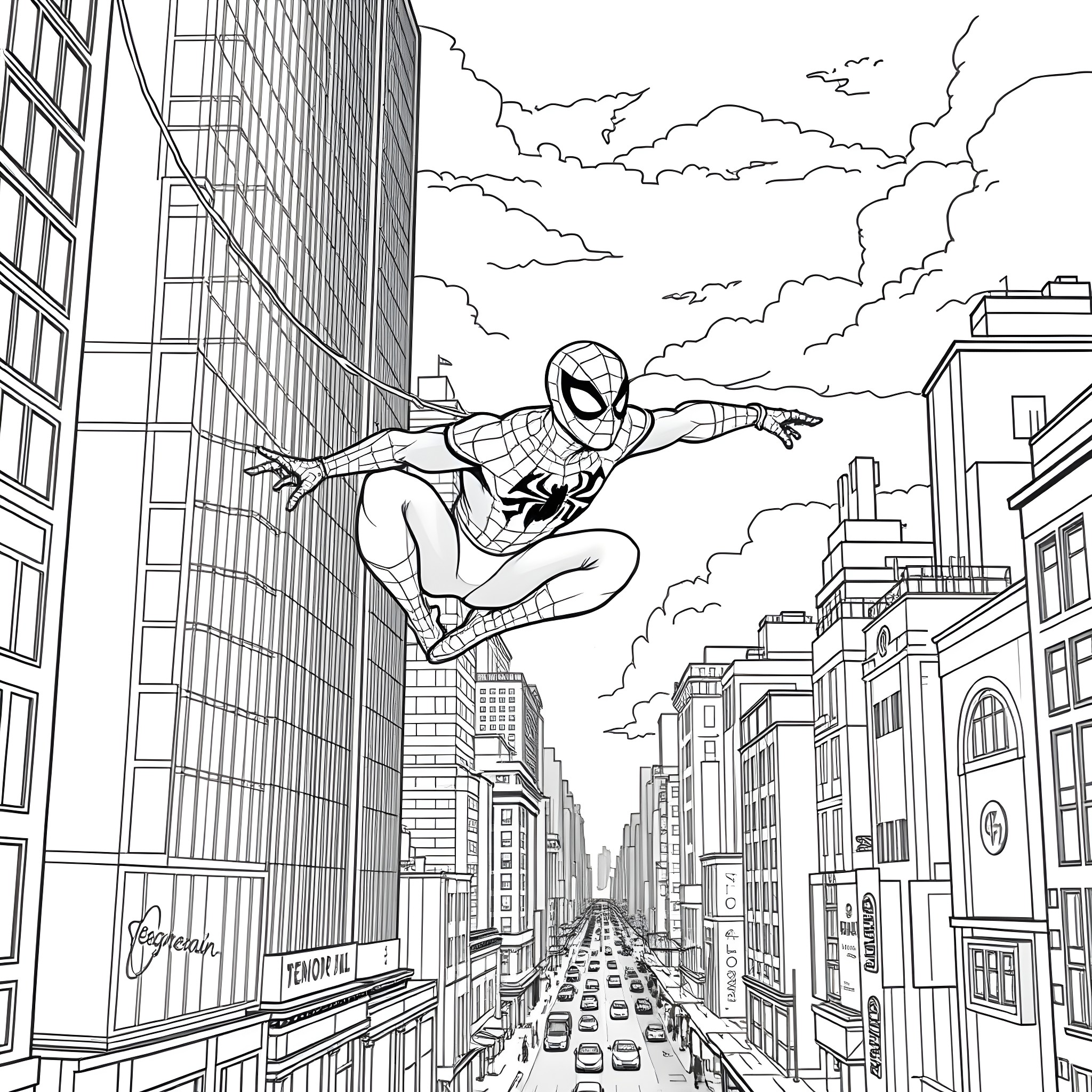 Spiderman swinging through the city skyline Coloring Page (free black-and-white line drawing printable PDF for all, from beginners to advanced learners, including children, teens, adults, and seniors)