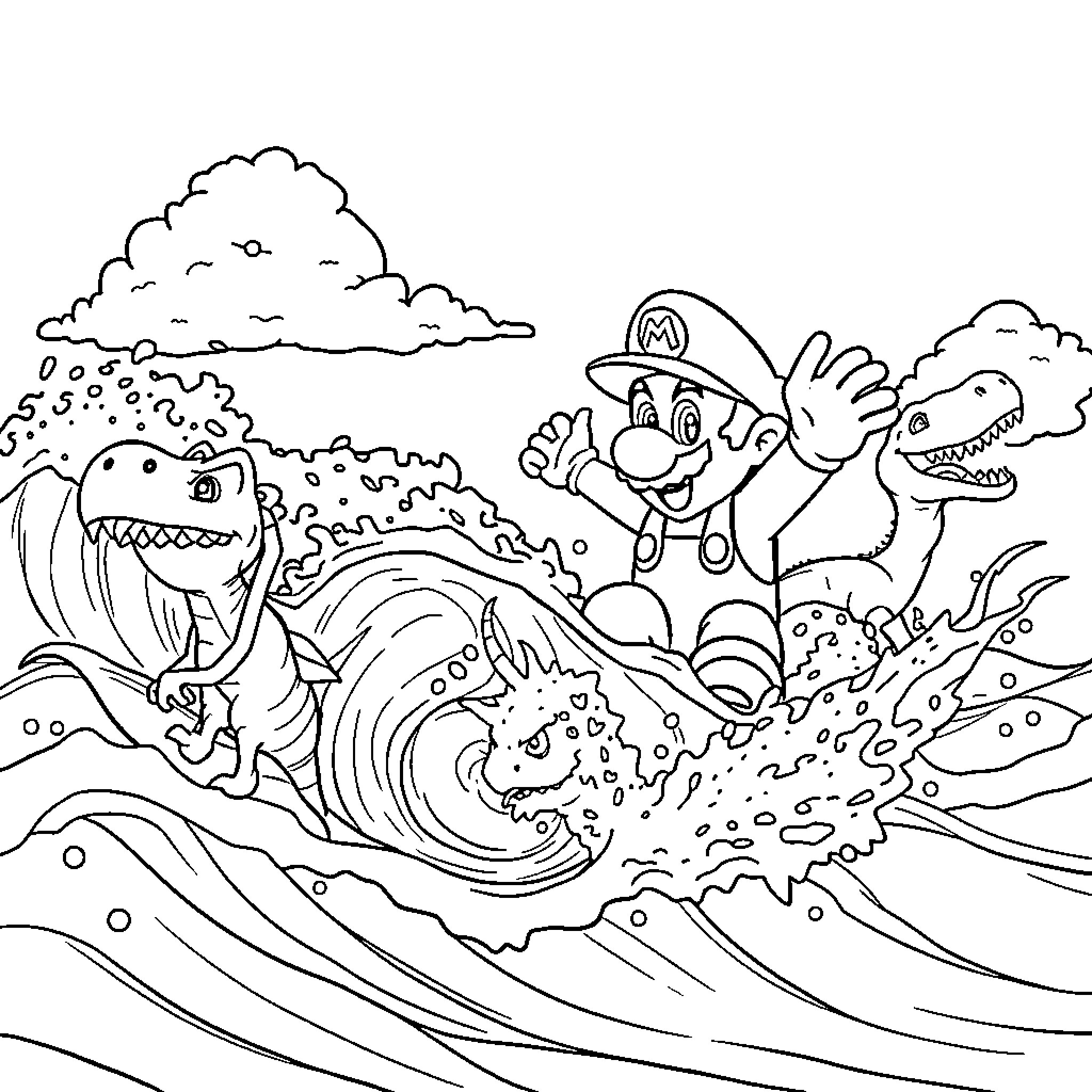 Mario riding a dinosaur in a fantastical water scene Coloring Page (free black-and-white line drawing printable PDF for all, from beginners to advanced learners, including children, teens, adults, and seniors)