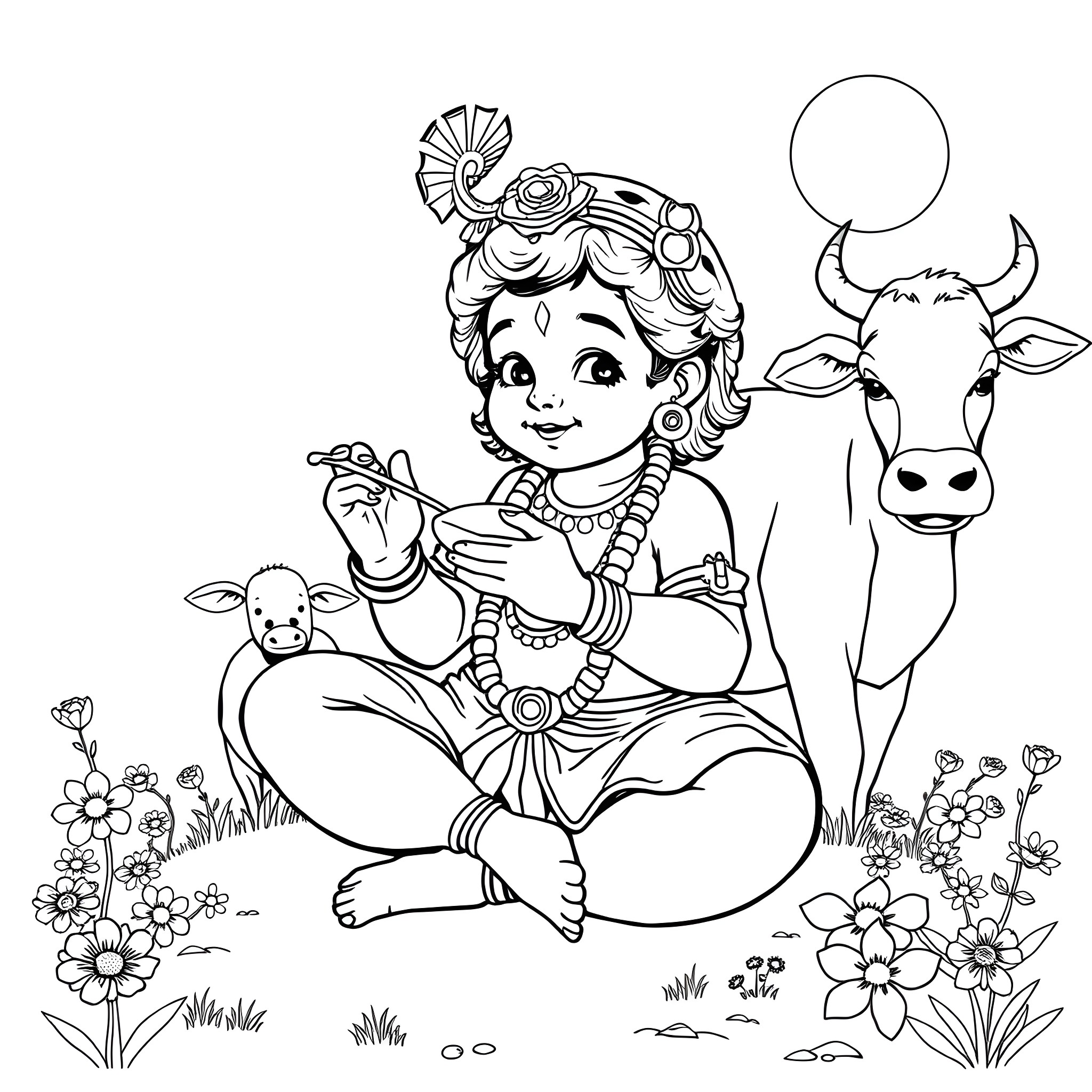 Krishna playing with cows and animals in a meadow Coloring Page (free black-and-white line drawing printable PDF for all, from beginners to advanced learners, including children, teens, adults, and seniors)