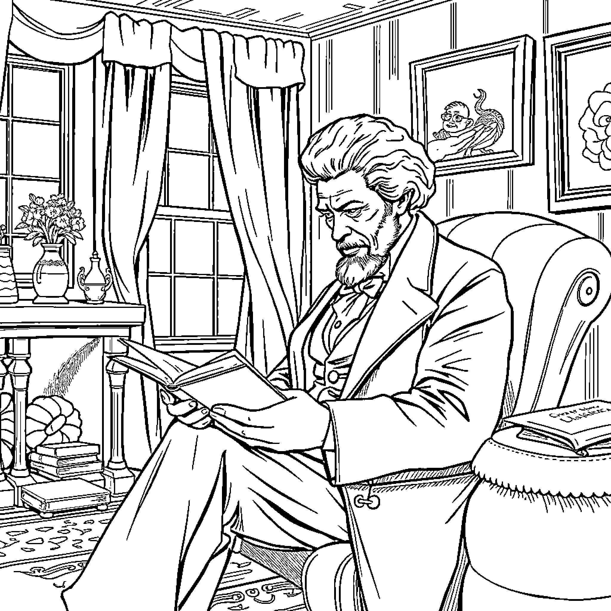 Frederick Douglass Reading Intently in His Study Coloring Page (free black-and-white line drawing printable PDF for all, from beginners to advanced learners, including children, teens, adults, and seniors)