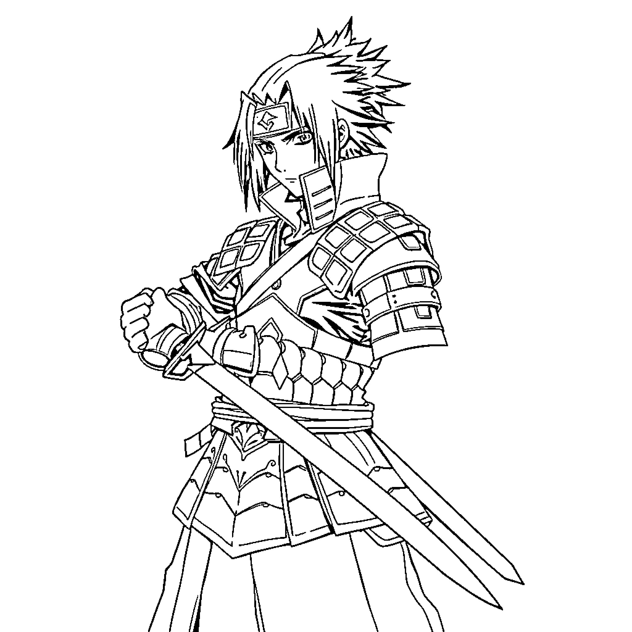 Itachi Uchiha's Fierce Warrior Stance Coloring Page (free black-and-white line drawing printable PDF for all, from beginners to advanced learners, including children, teens, adults, and seniors)