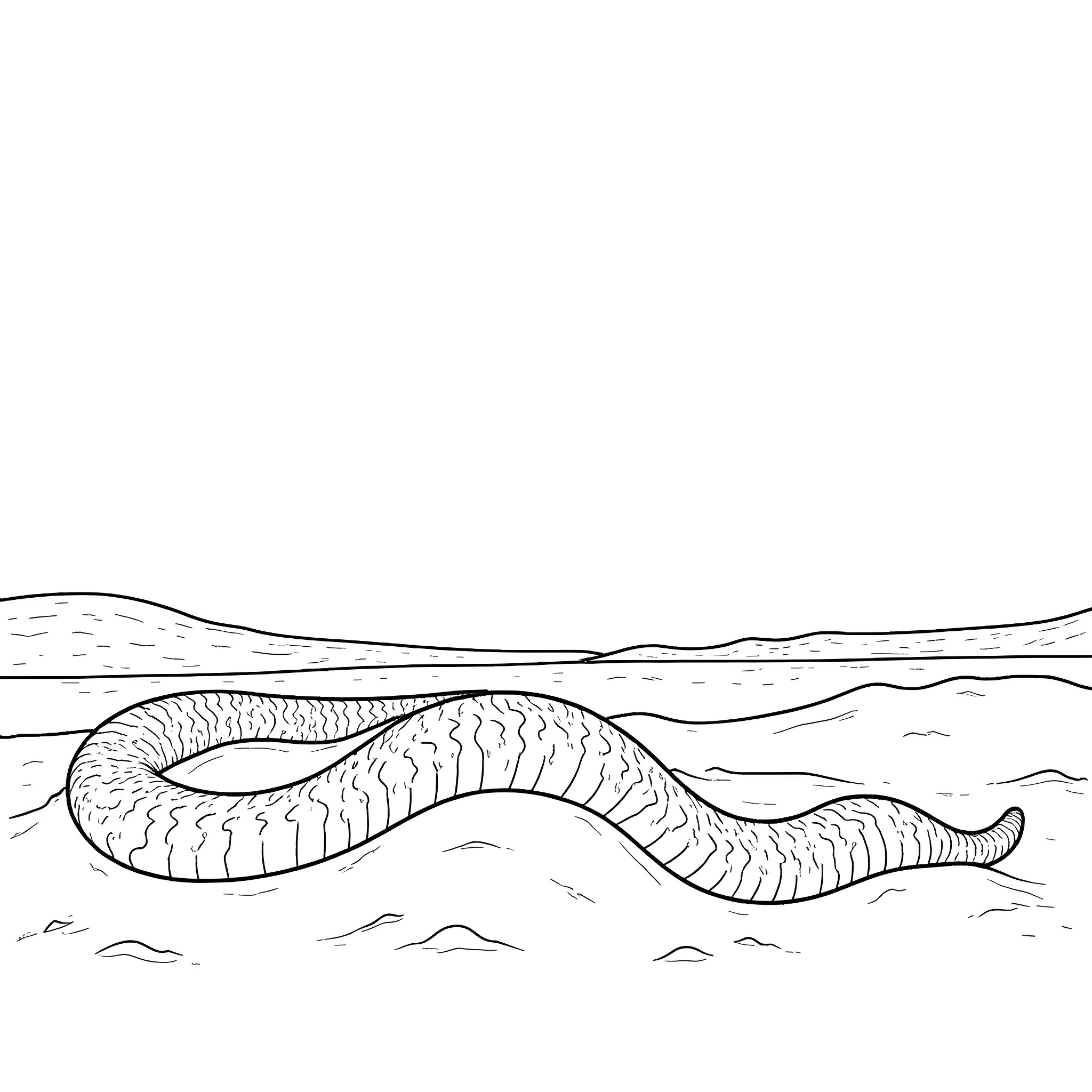 Sand Worm slithering through the desert landscape Coloring Page (free black-and-white line drawing printable PDF for all, from beginners to advanced learners, including children, teens, adults, and seniors)