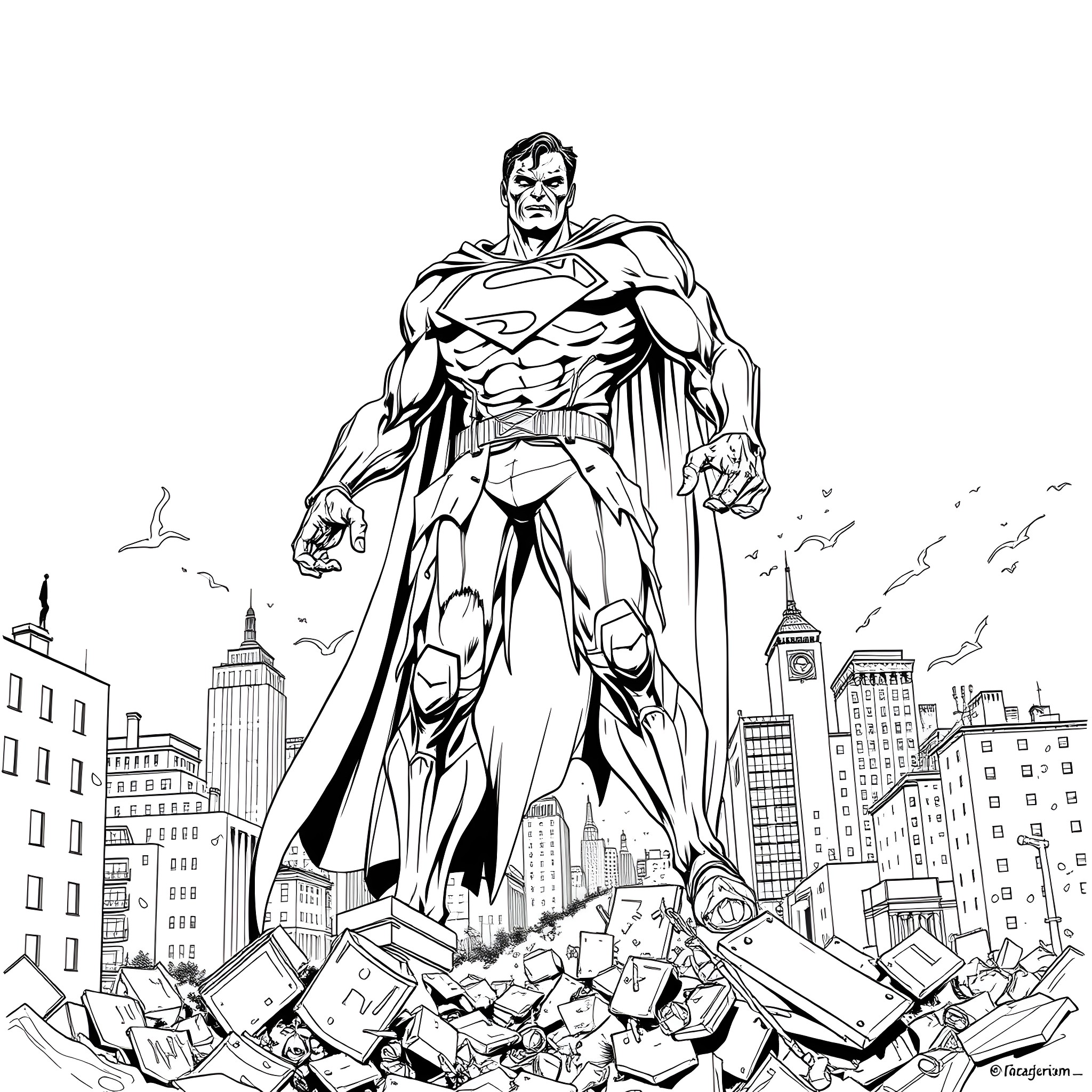 Zombie Superhero Stands Tall in City Ruins Coloring Page (free black-and-white line drawing printable PDF for all, from beginners to advanced learners, including children, teens, adults, and seniors)