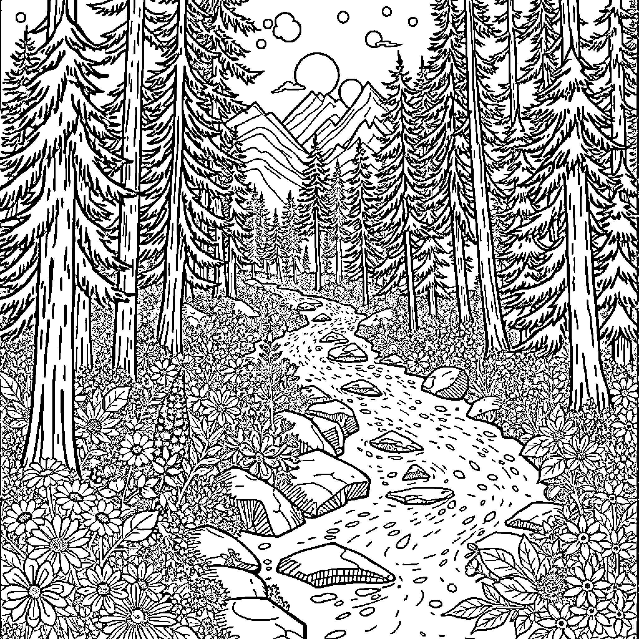 Nature's Tranquil Forest Path Coloring Page (free black-and-white line drawing printable PDF for all, from beginners to advanced learners, including children, teens, adults, and seniors)