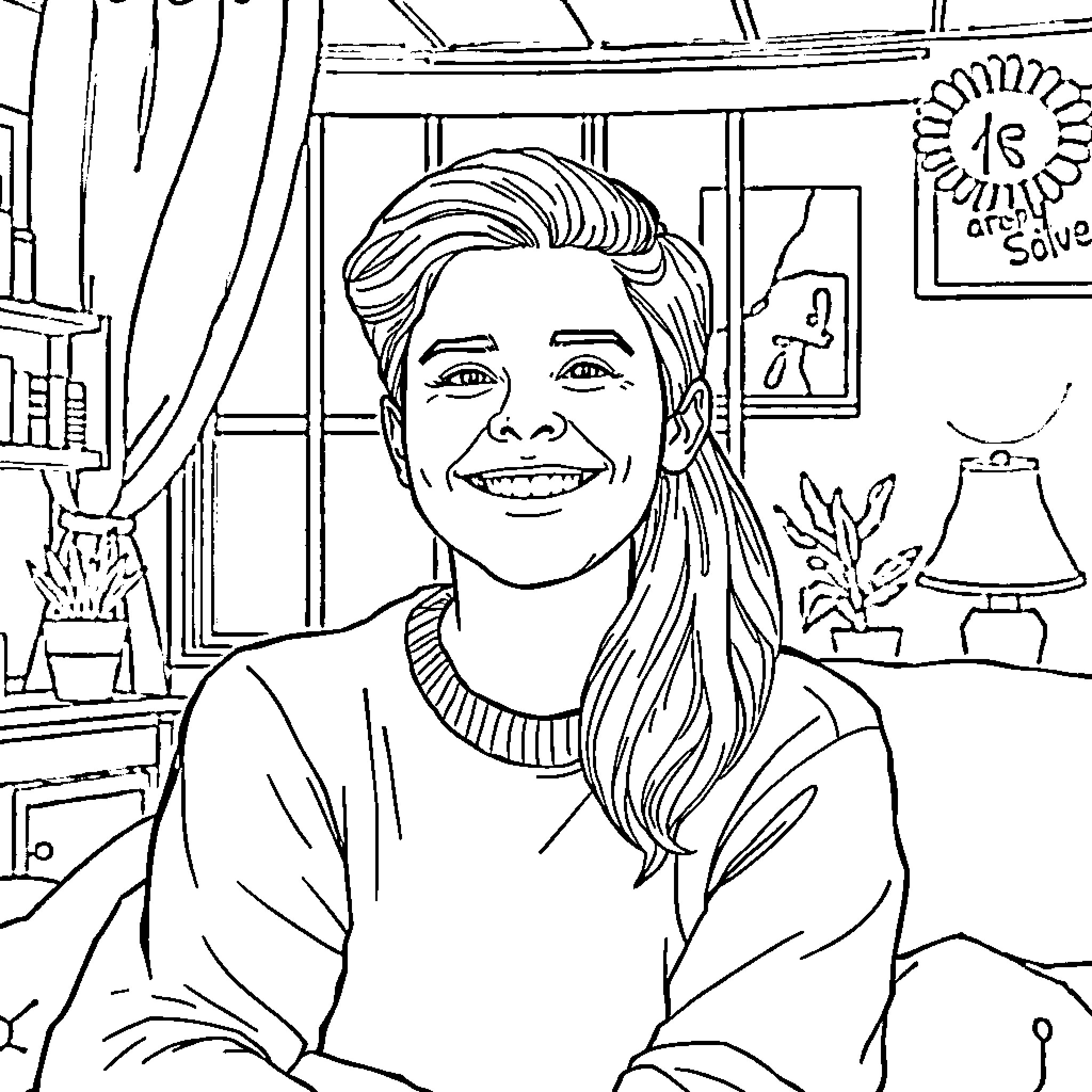 Portrait of a Smiling Person in a Cozy Room Coloring Page (free black-and-white line drawing printable PDF for all, from beginners to advanced learners, including children, teens, adults, and seniors)