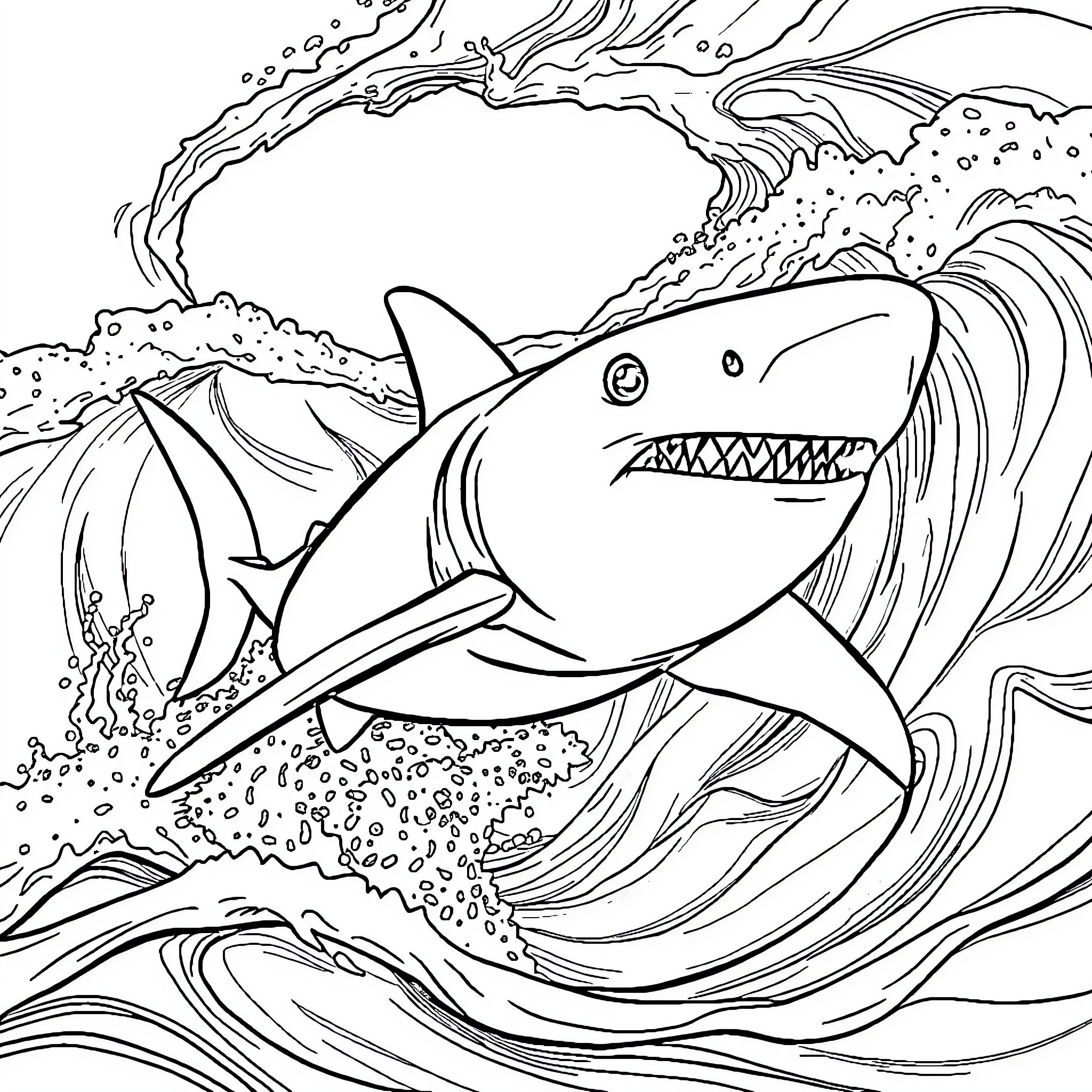 Shark attacking in the fierce ocean waves Coloring Page (free black-and-white line drawing printable PDF for all, from beginners to advanced learners, including children, teens, adults, and seniors)