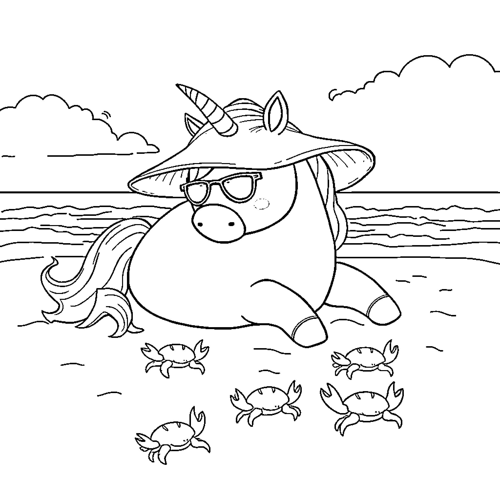 Unicorn resting on the beach with crabs Coloring Page (free black-and-white line drawing printable PDF for all, from beginners to advanced learners, including children, teens, adults, and seniors)