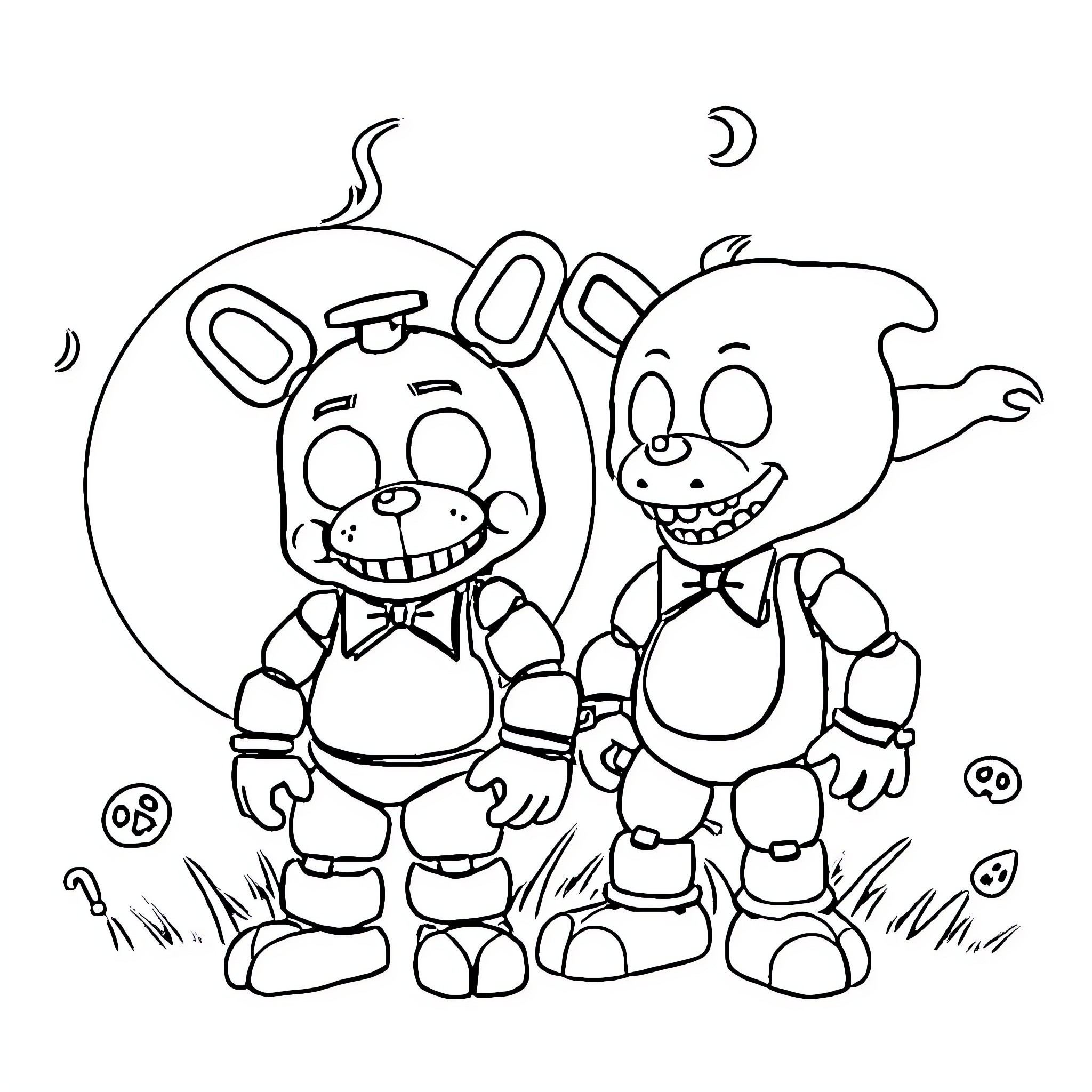 Eclipse of Cartoon Characters in Whimsical Outfits Coloring Page (free black-and-white line drawing printable PDF for all, from beginners to advanced learners, including children, teens, adults, and seniors)